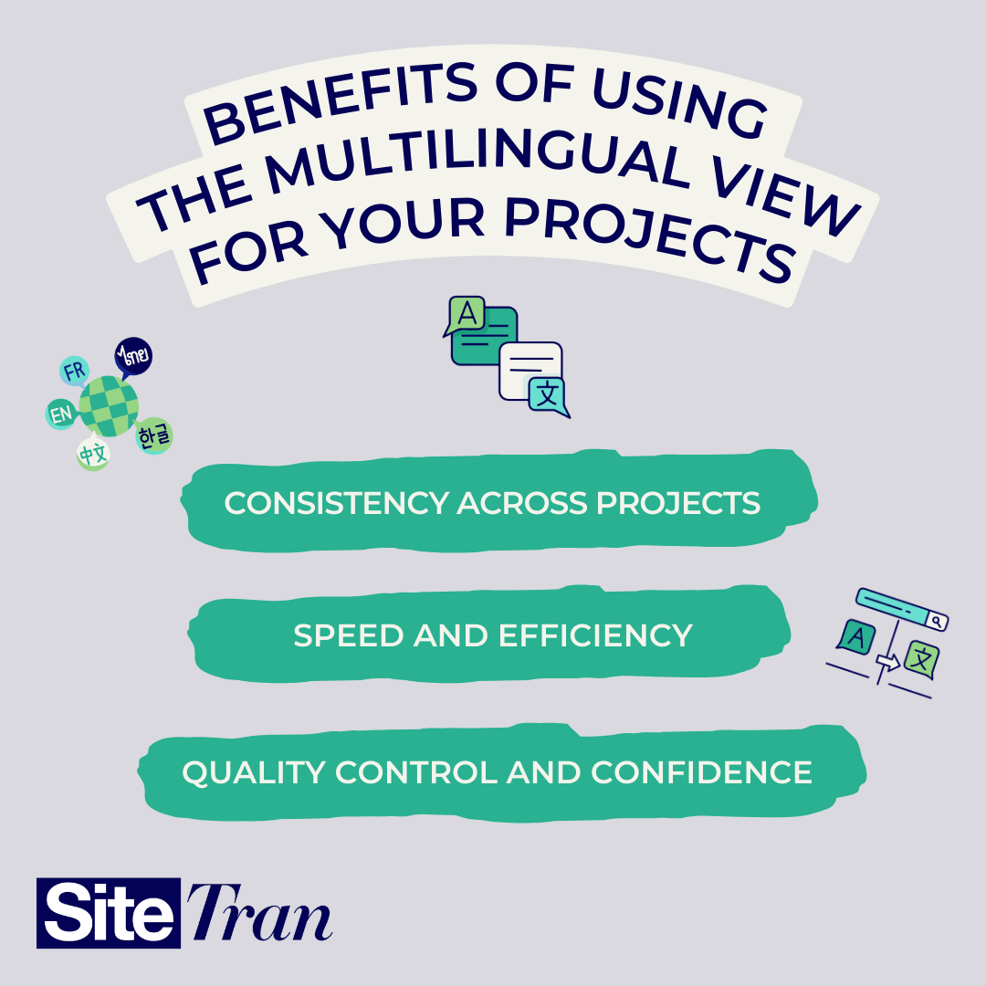 Infographic highlighting the benefits of using the Multilingual View for translation projects, including improved consistency, faster workflows, and enhanced quality control.