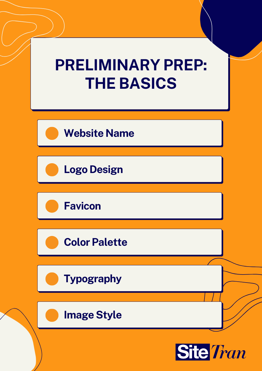 An orange background with abstract shapes. Includes six checklist items: Website Name, Logo Design, Favicon, Color Palette, Typography, and Image Style, each marked with an orange dot.