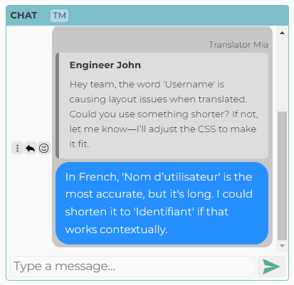 Team chat discussion about translation issues for the word 'Username' in French, suggesting 'Identifiant' as a shorter alternative to 'Nom d'utilisateur' to resolve layout problems