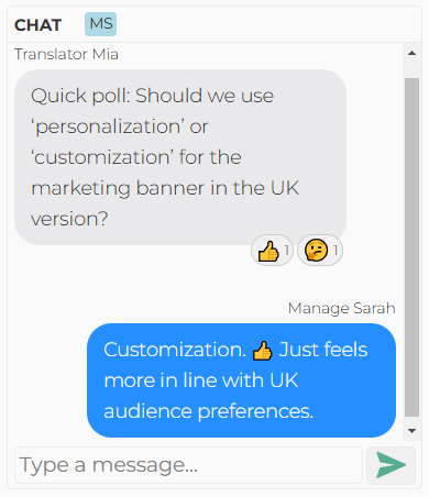 Team chat discussing word choice for a UK marketing banner, debating between 'personalization' and 'customization,' with a preference for 'customization' to align with UK audience preferences