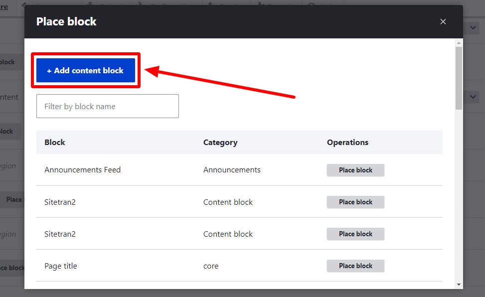 Drupal Admin popup window add content block highlighted