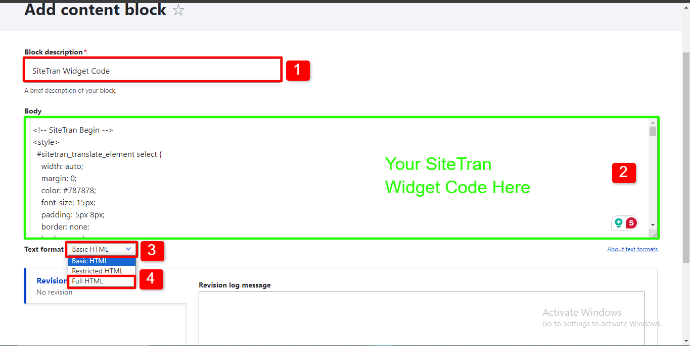 Drupal site Content block interface view of editor