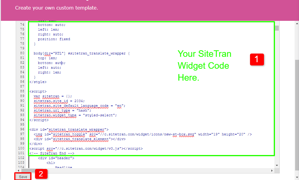Jimdo HTML editor SiteTran integration widget code location