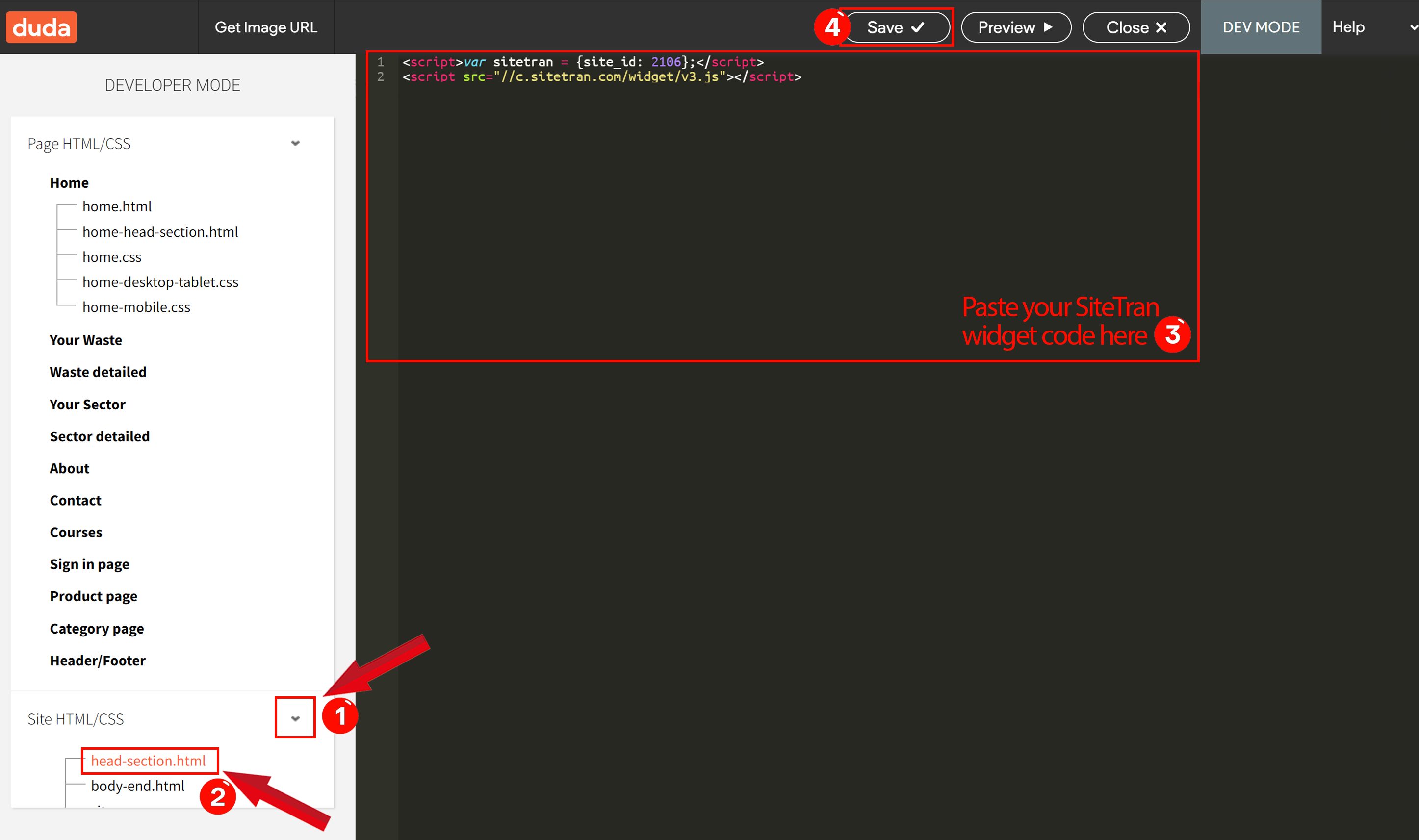 Selecting the 'head-section.html' option in Duda’s developer mode to apply widget code across the entire website