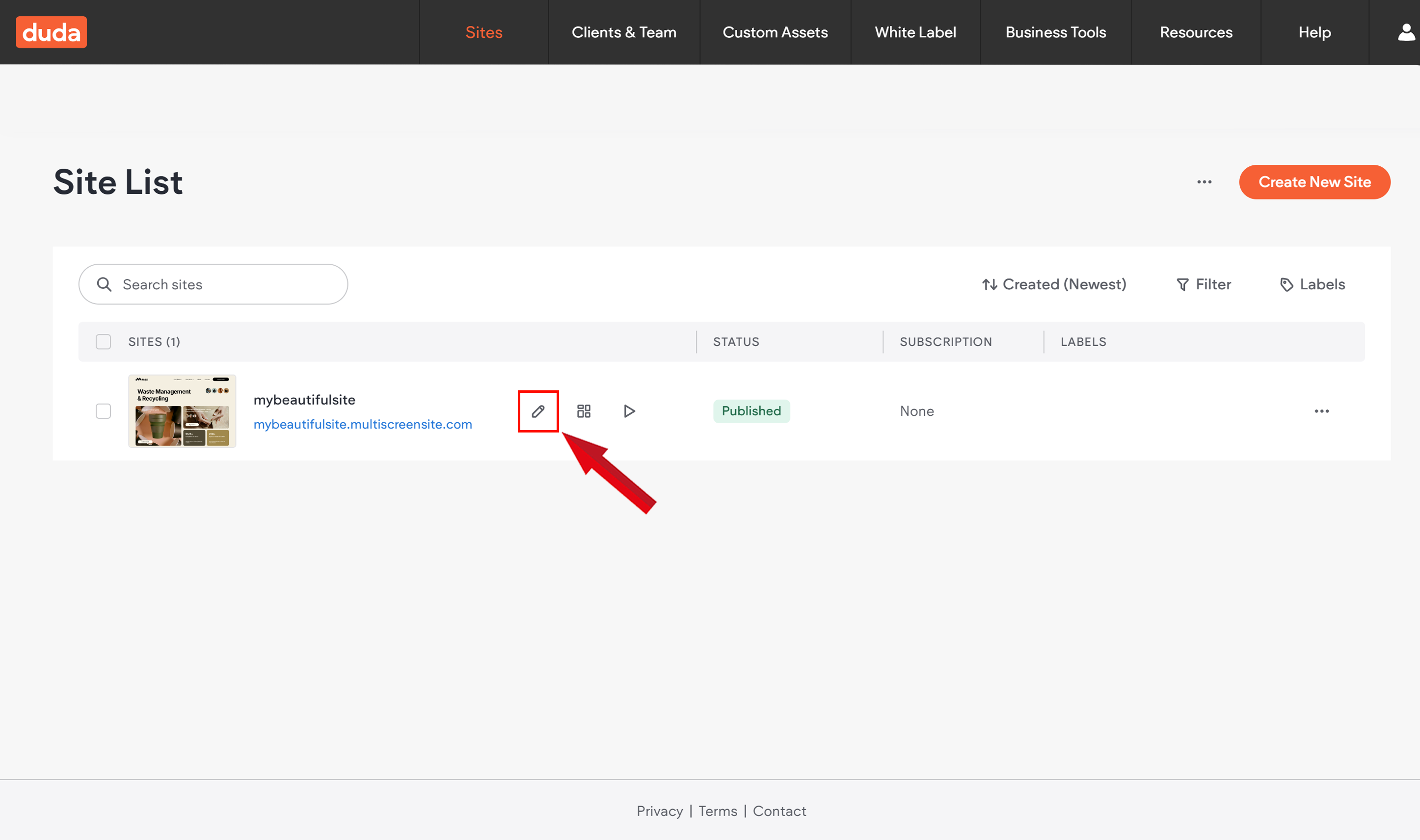 Choosing the website to translate from the Duda dashboard for SiteTran integration