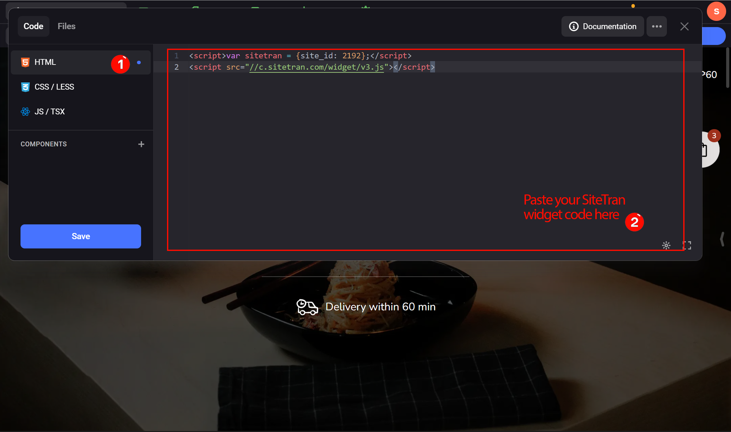 Choose HTML and paste your code in the pop-up box