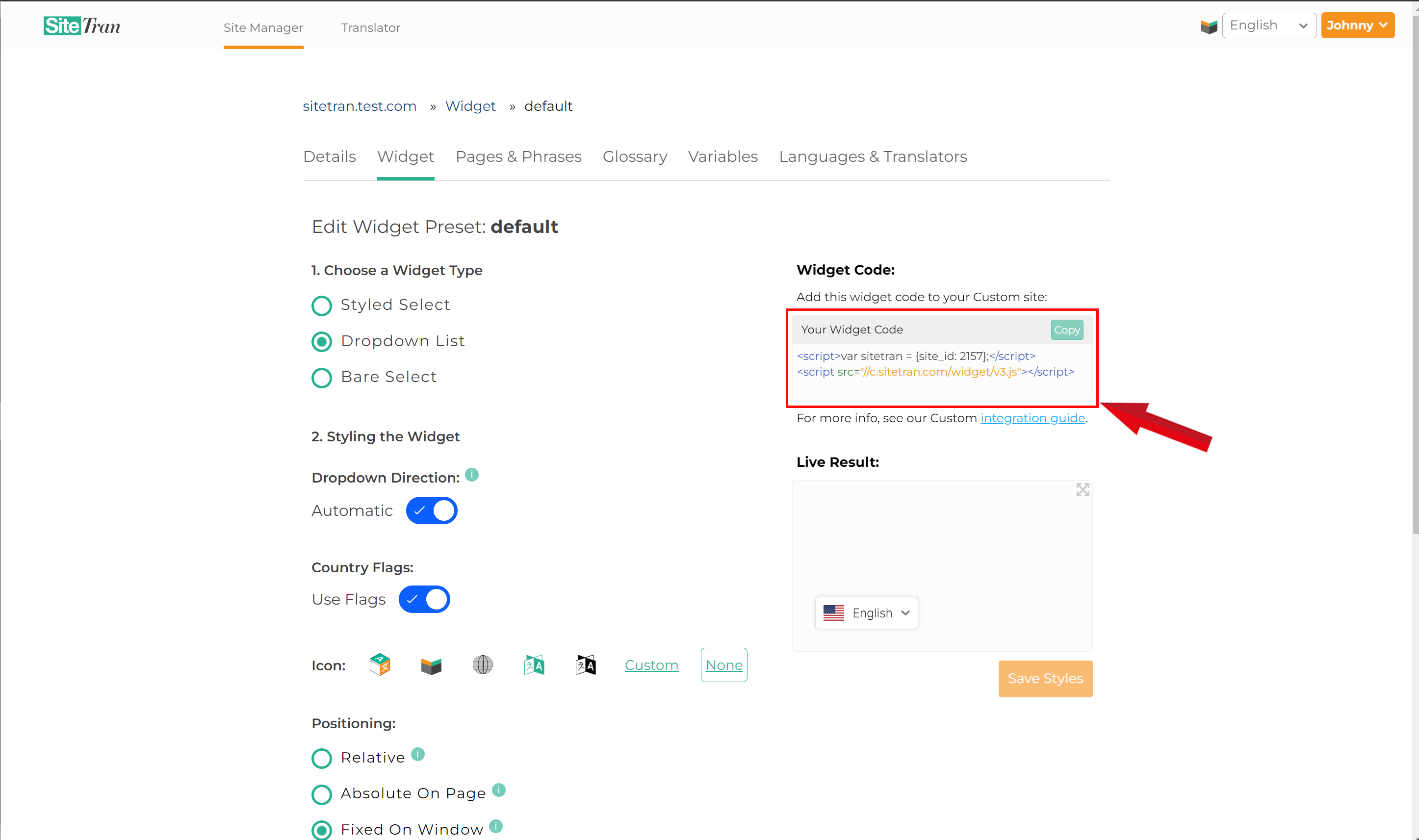 SiteTran widget code displayed with 'Copy' button on the right side of the page