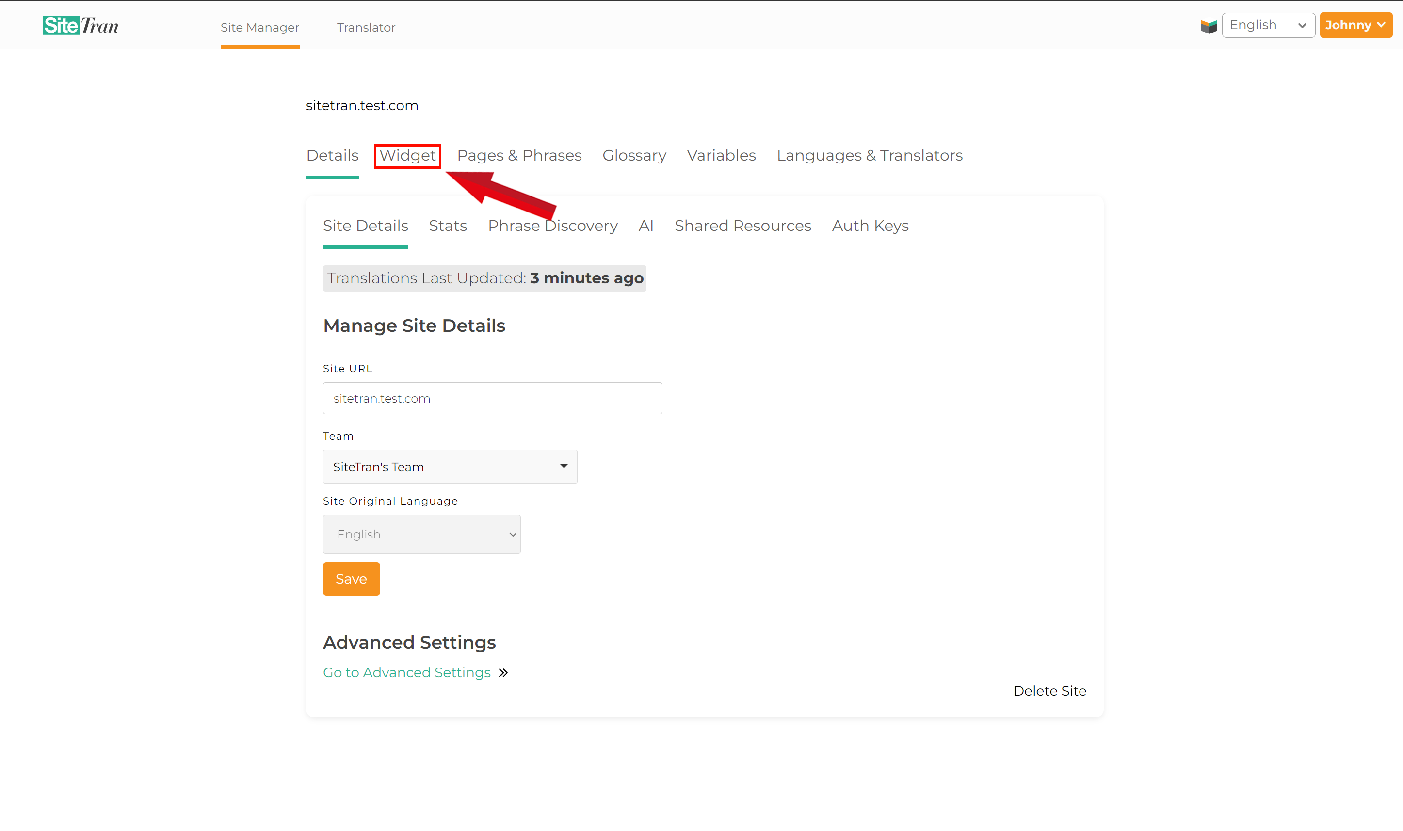 Navigating to the Widget tab in Site Manager to find the SiteTran code