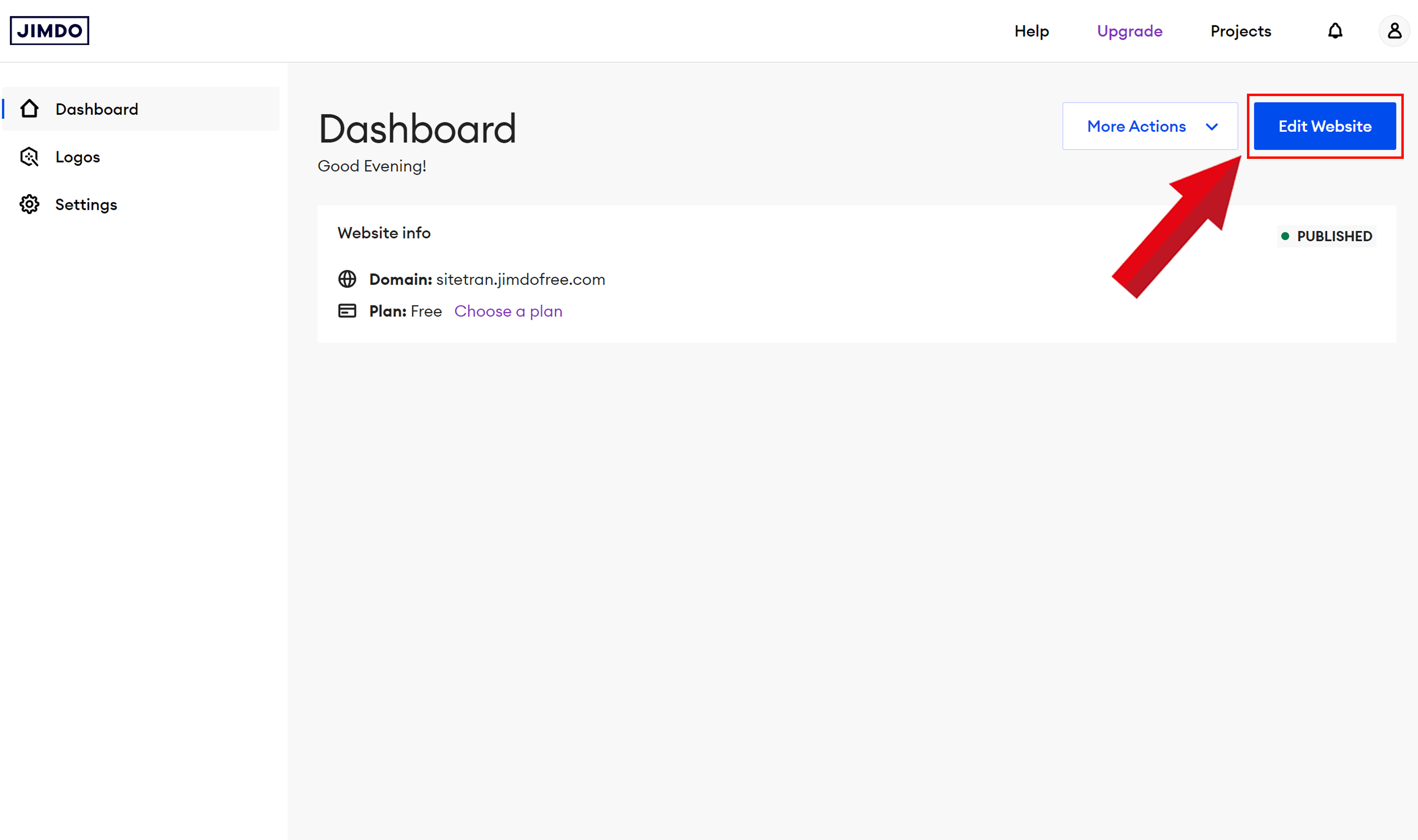 Screenshot of Jimdo dashboard highlighting edit website button