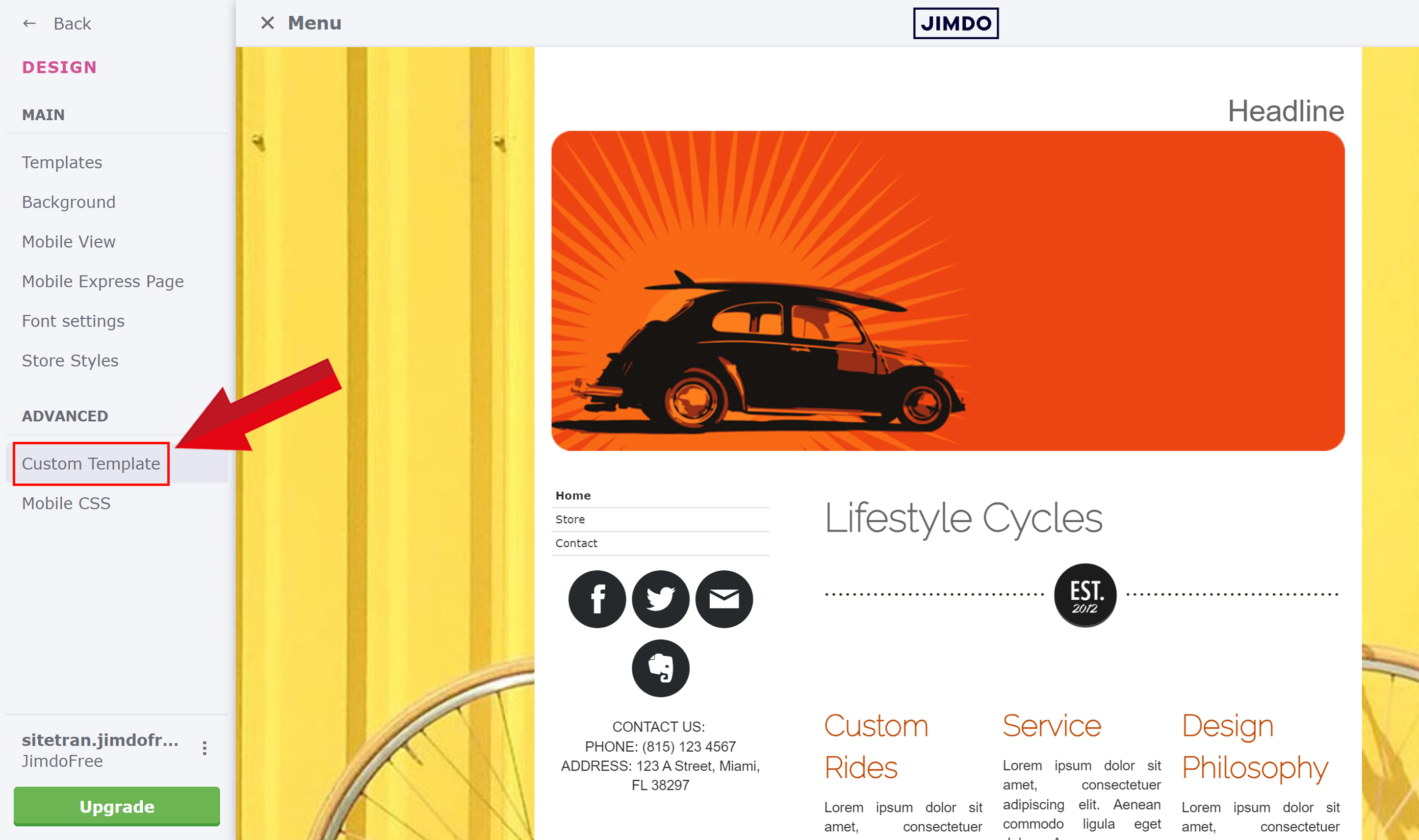 Jimdo Design menu highlighting the custom template option