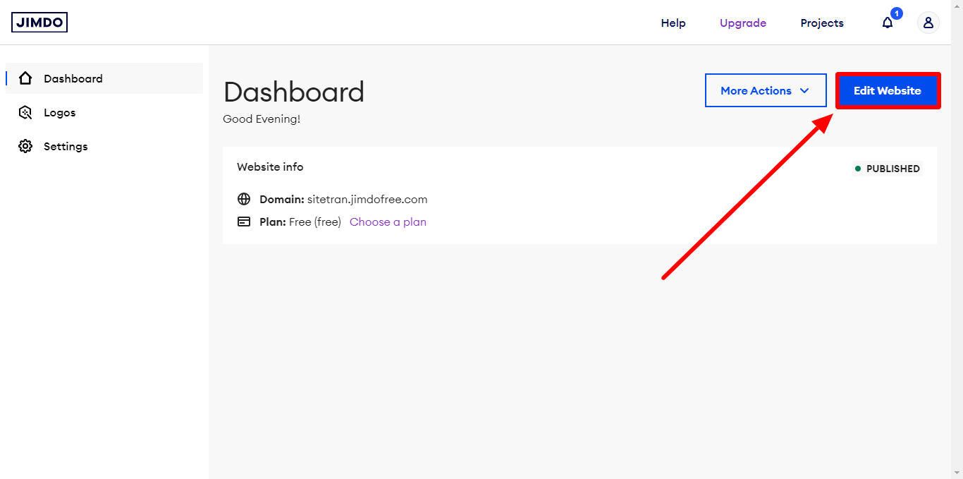 Screenshot of Jimdo dashboard highlighting edit website button