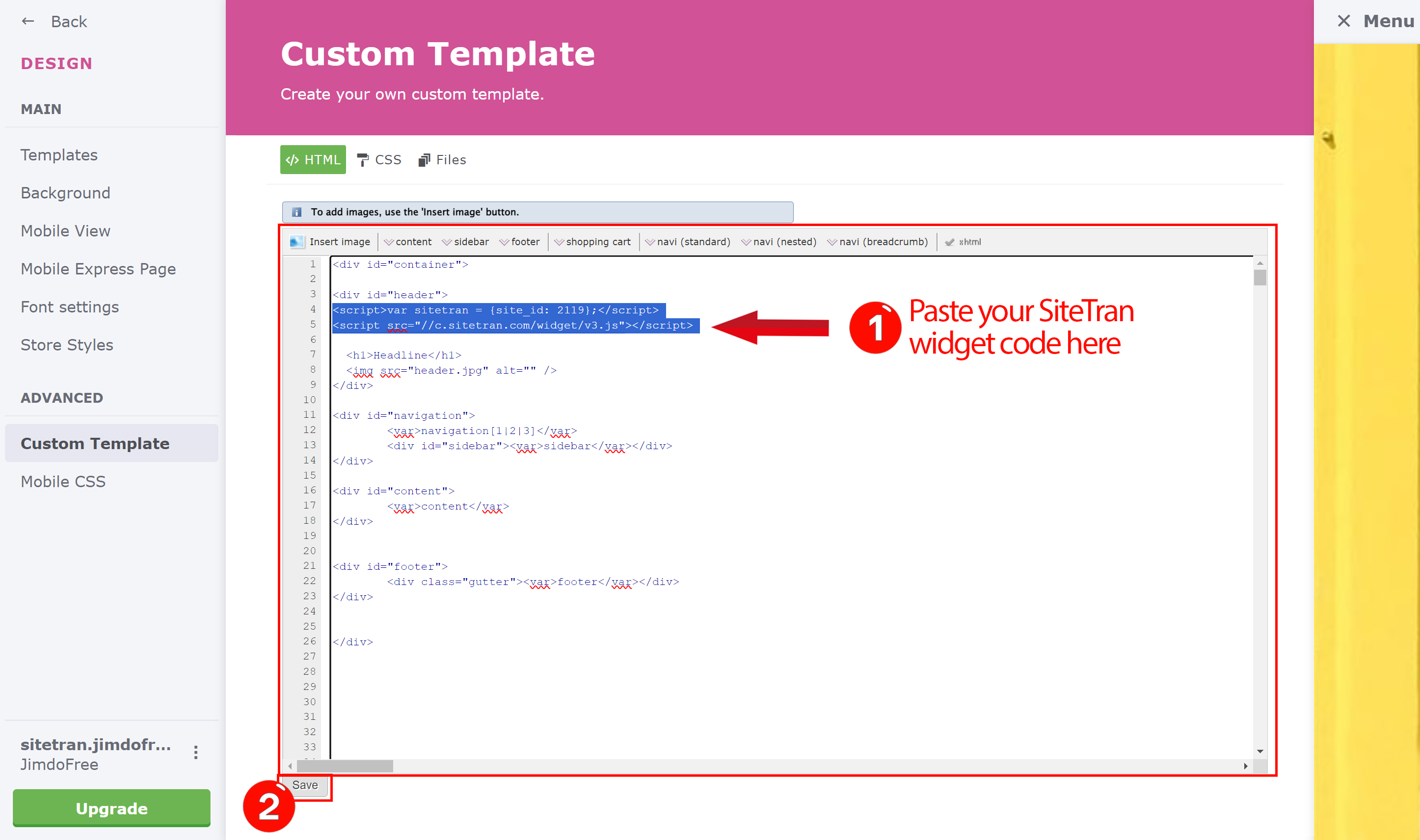 Pasting Sitetran Widget Code