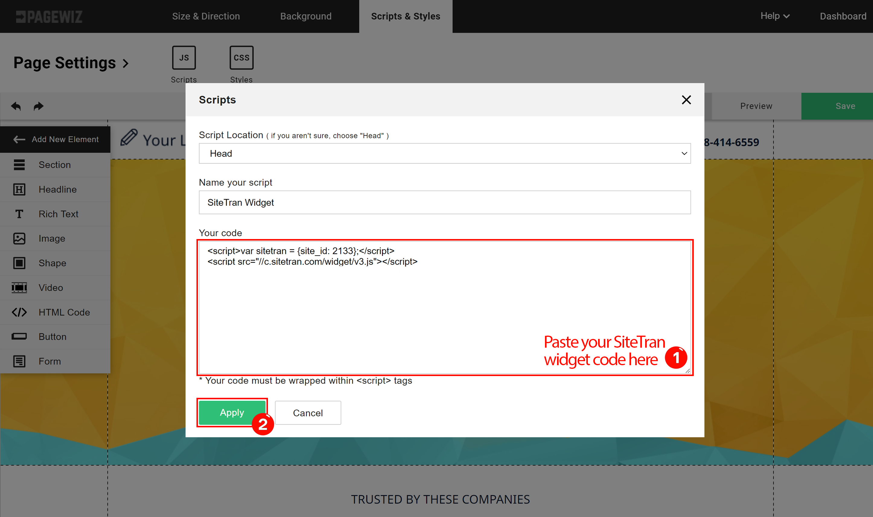 Select Head for the script location, paste your code, and click Apply to save in Pagewiz