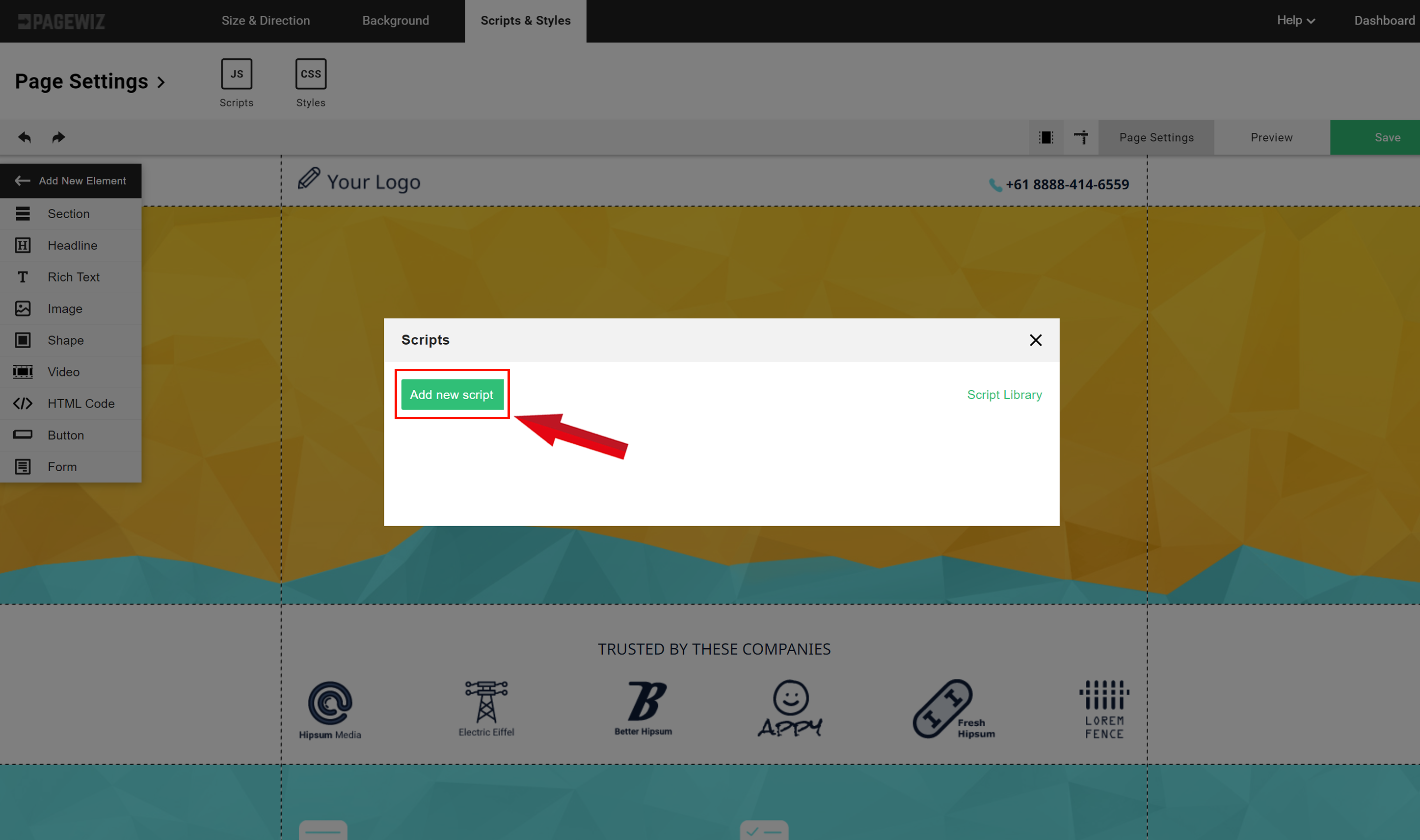 Click Add New Script to create a custom script for your site in Pagewiz