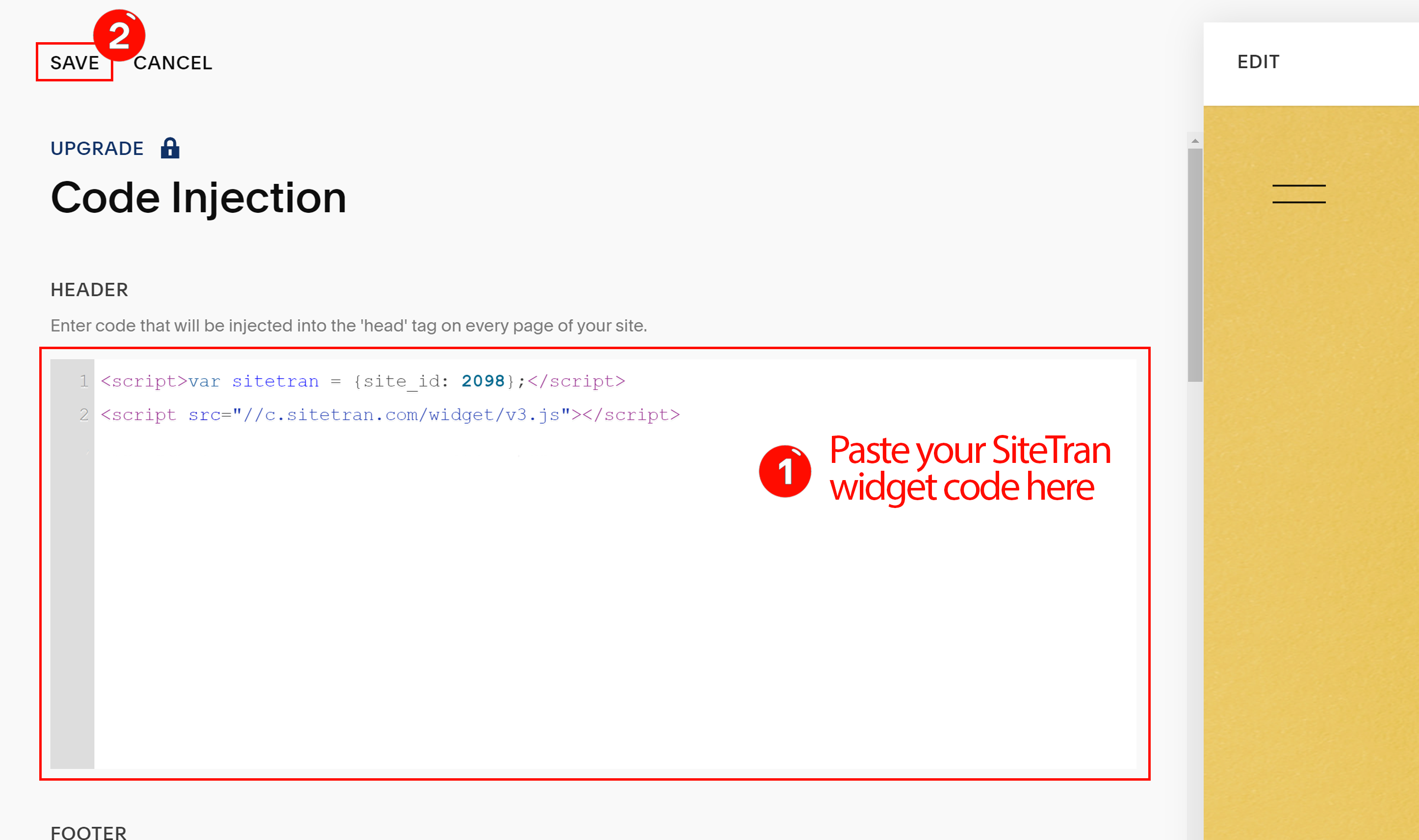 Squarespace interface SiteTran integration widget code location and save changes