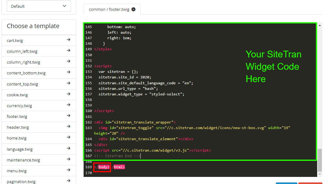 OpenCart interface SiteTran integration widget code location