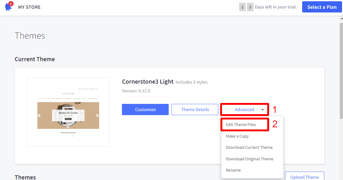 Screenshot of BigCommerce to access edit theme files