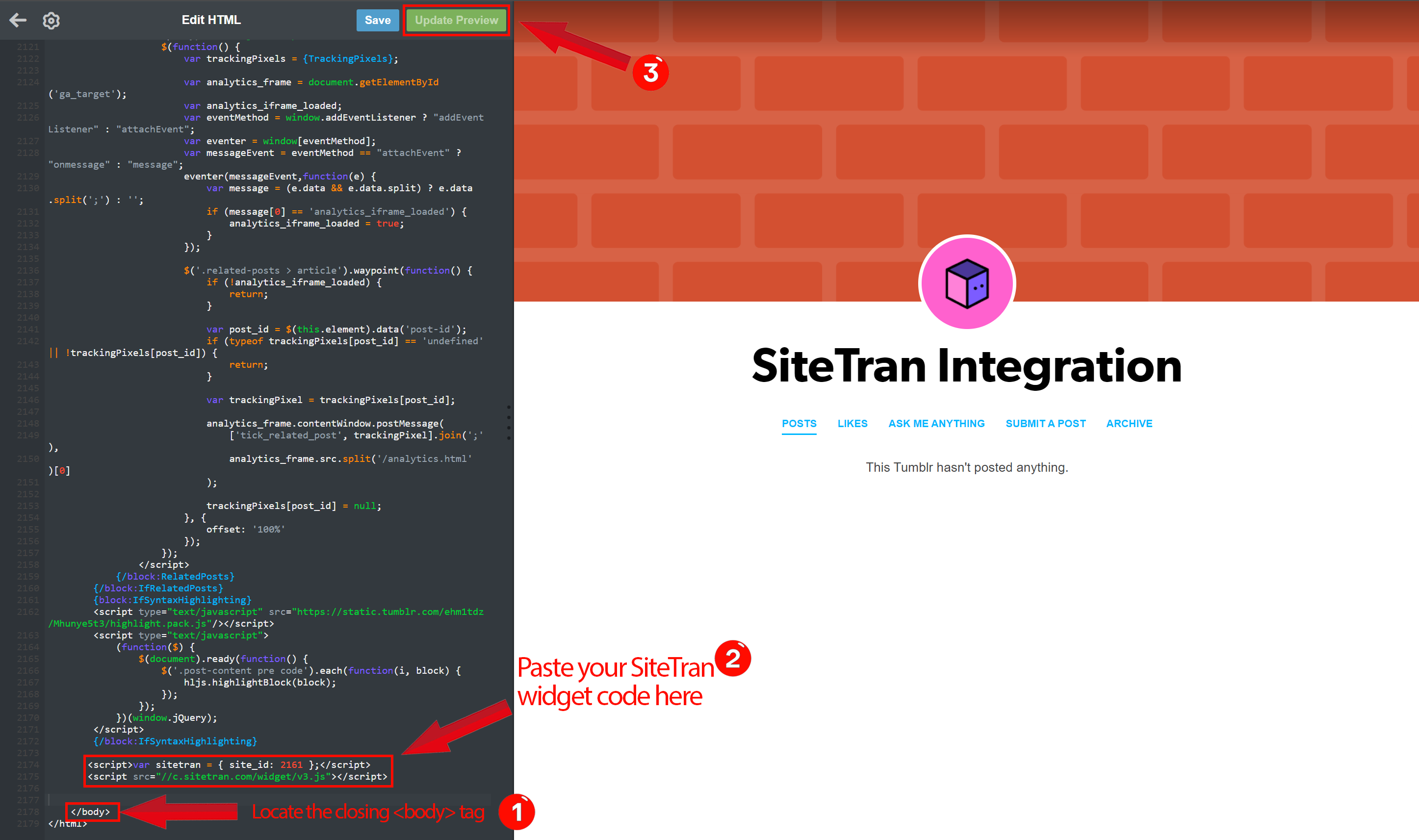 Tumblr interface SiteTran integration widget code location