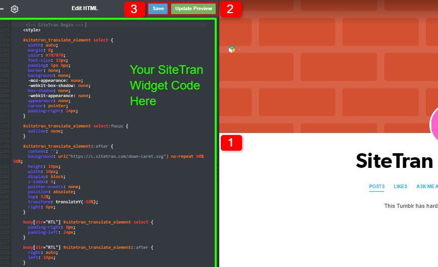 Tumblr interface SiteTran integration widget code location