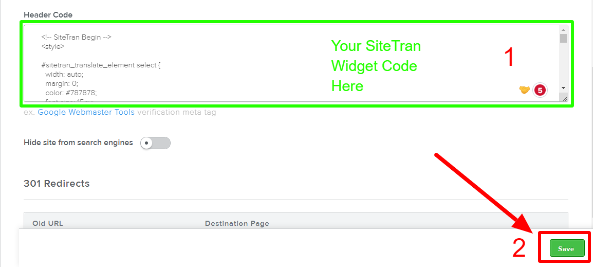 Squarespace  interface SiteTran integration widget code location