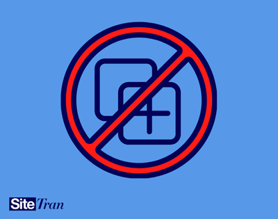 Visual warning to avoid duplicate content in multilingual websites, with a red prohibition sign over duplicate page icons. Keywords: duplicate content SEO, international SEO mistakes, avoid content duplication, multilingual site optimization, SEO best practices