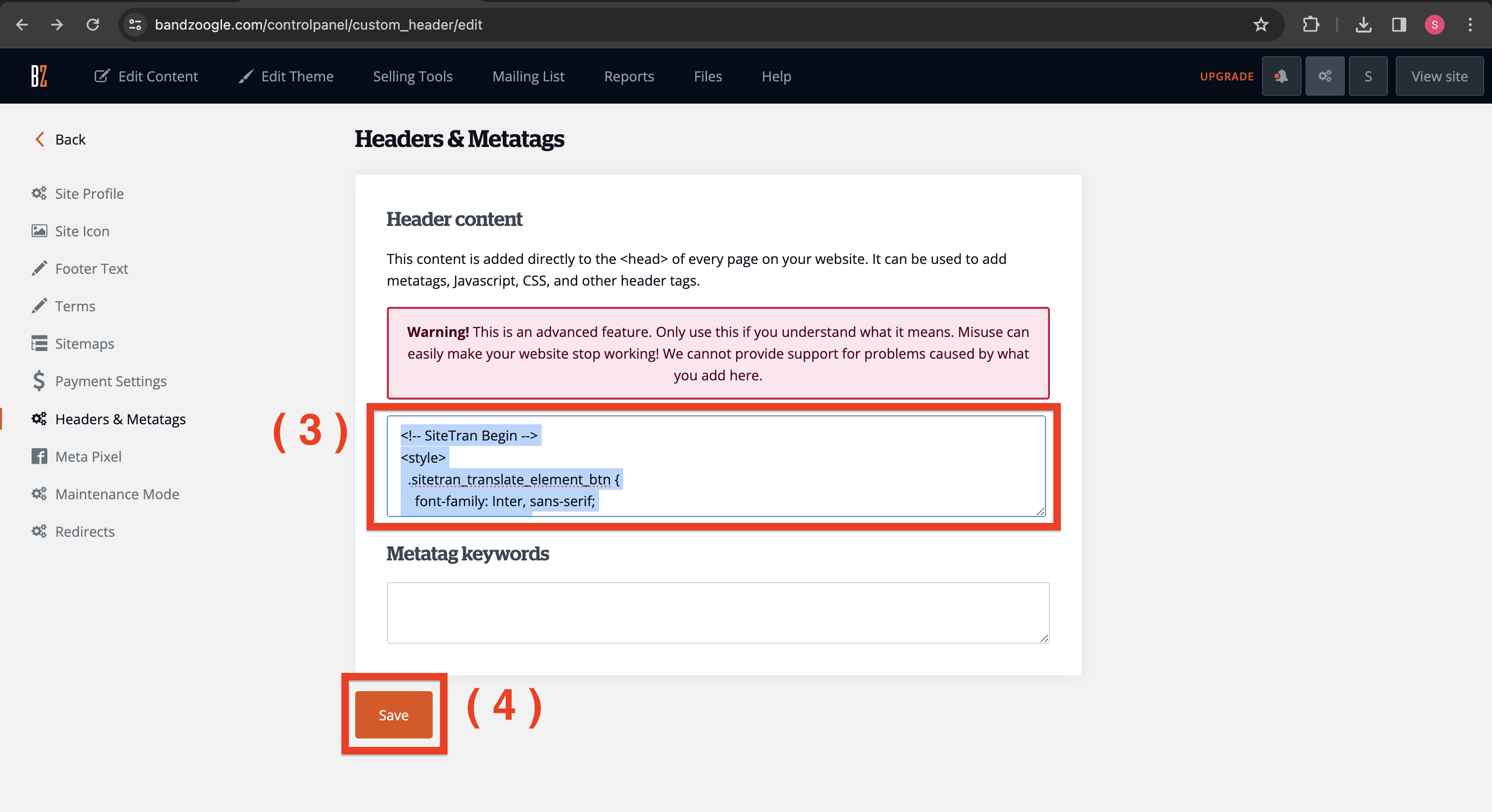 Screenshot Adding SiteTran Widget Code to Bandzoogle