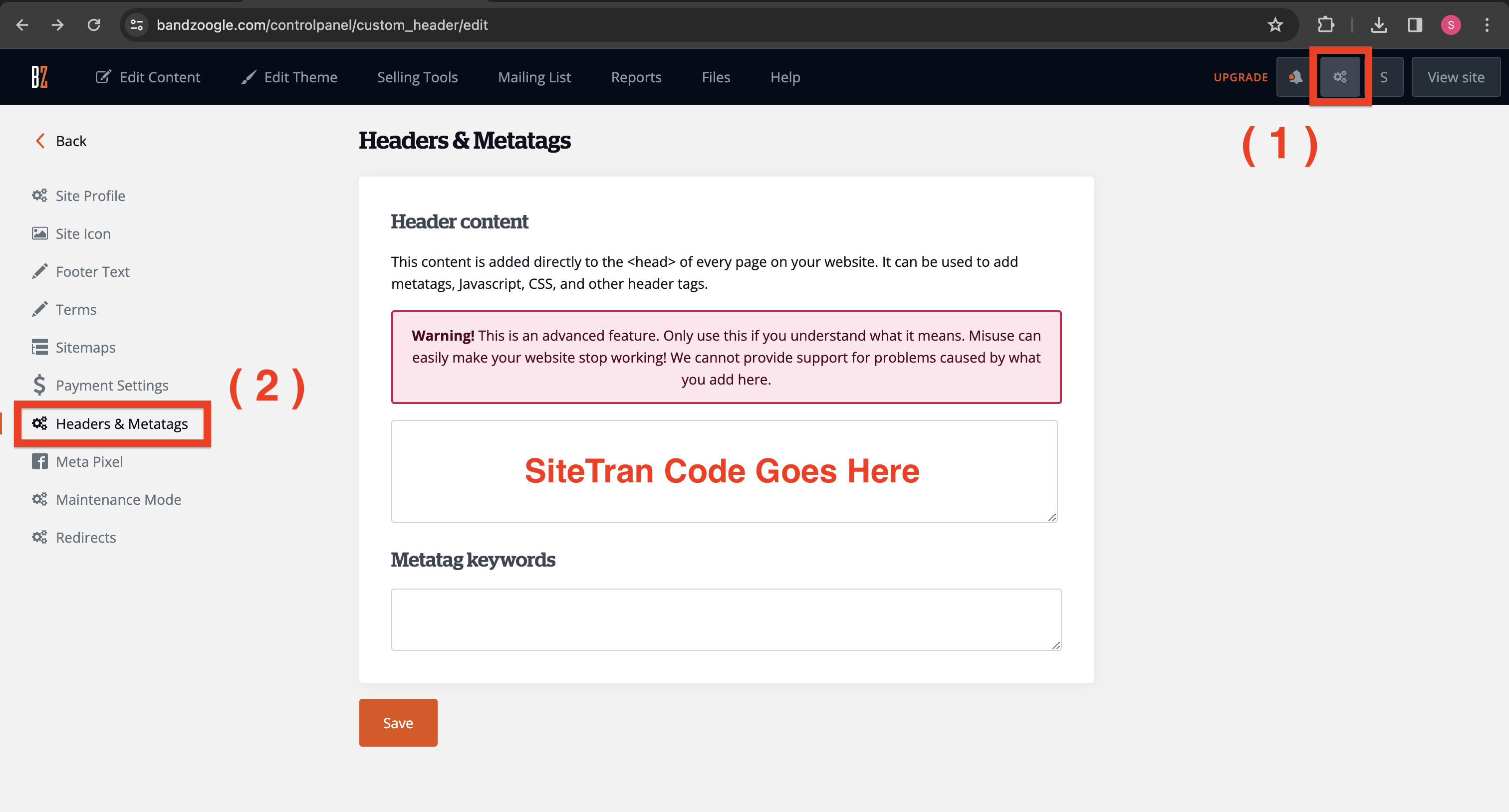 Screenshot Navigating to Bandzoogle Headers & Metatags page for integrating SiteTran