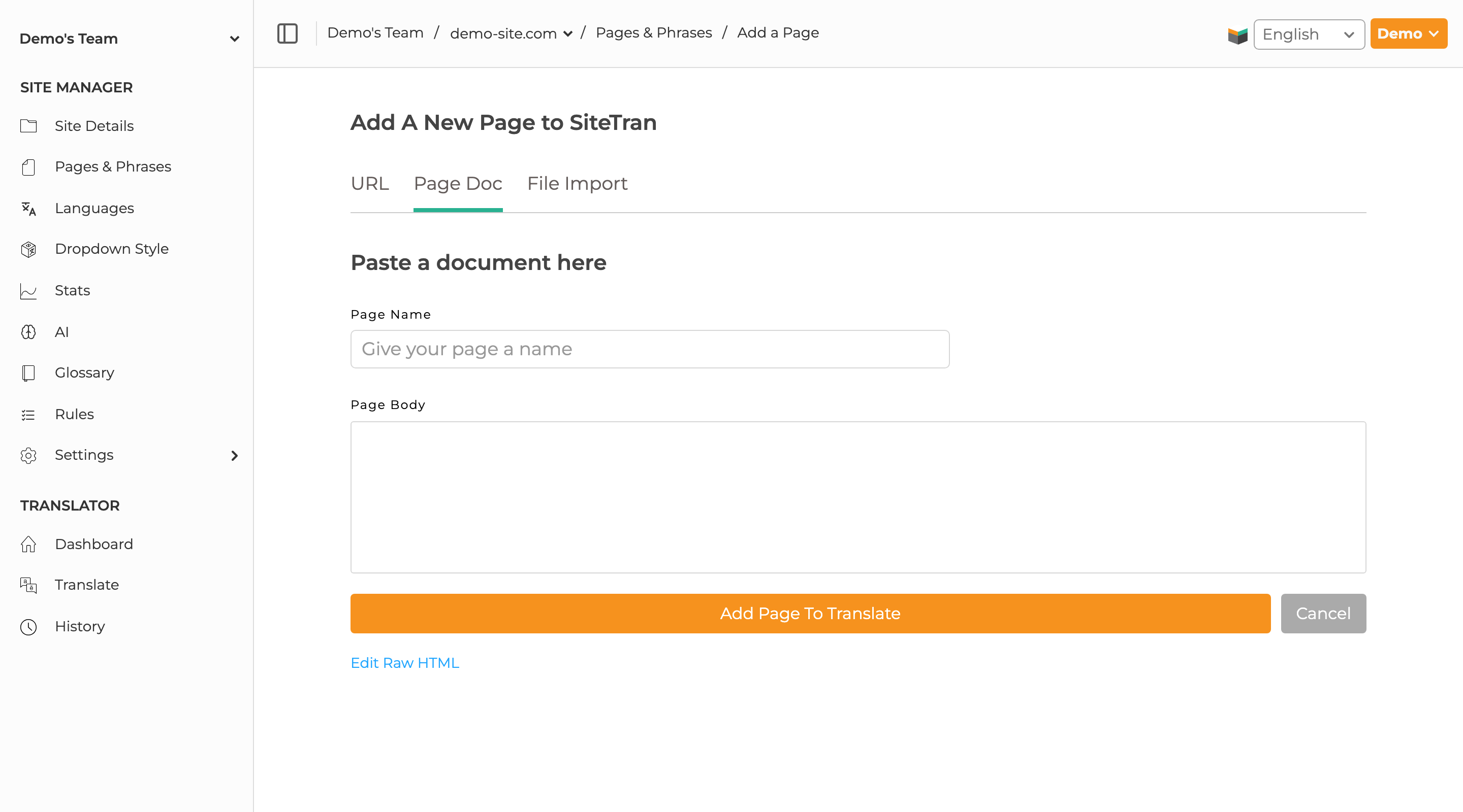 SiteTran Add A New Page screen with options for URL, page document, and file import.