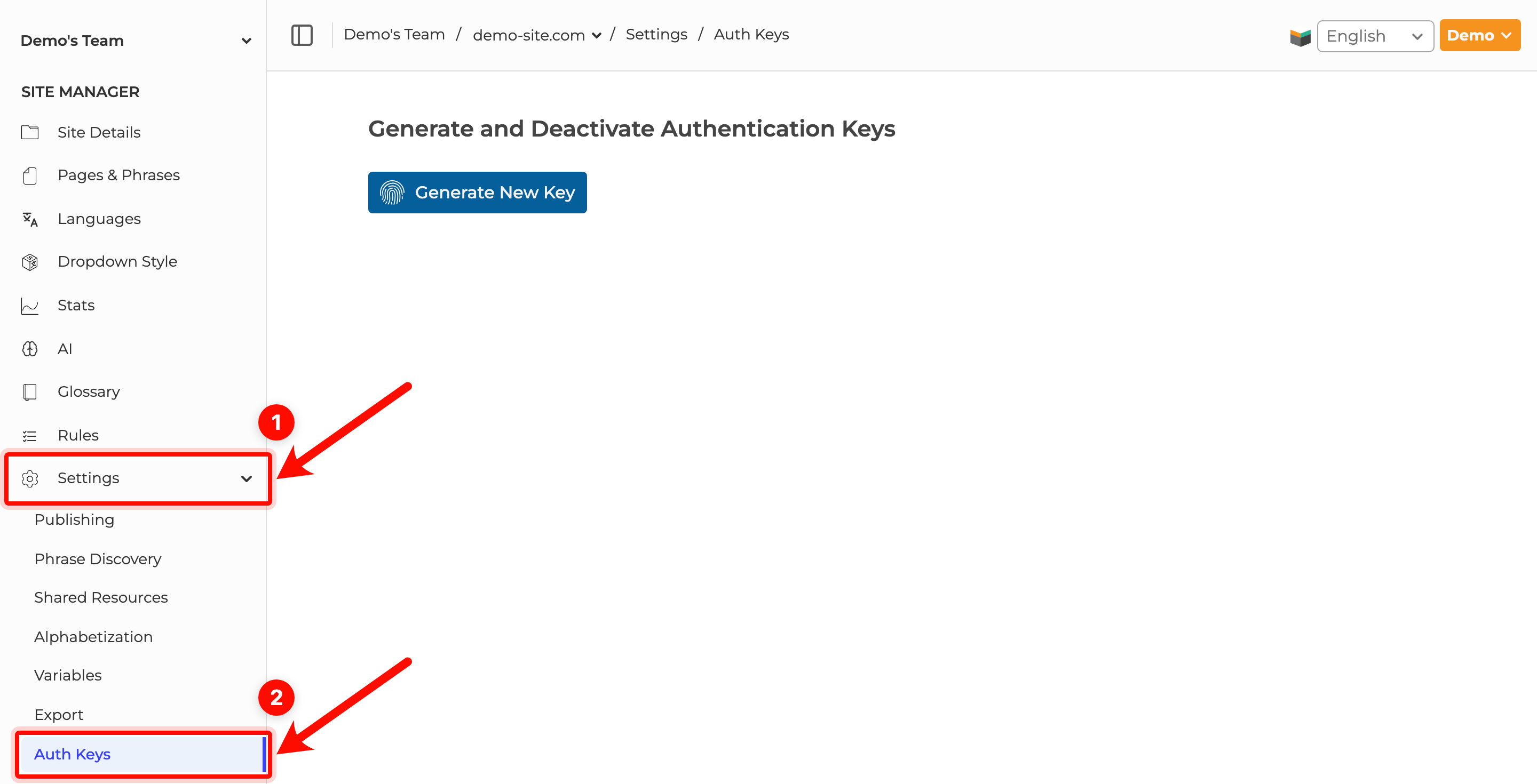 Screenshot of SiteTran Plugin in WordPress, add auth key