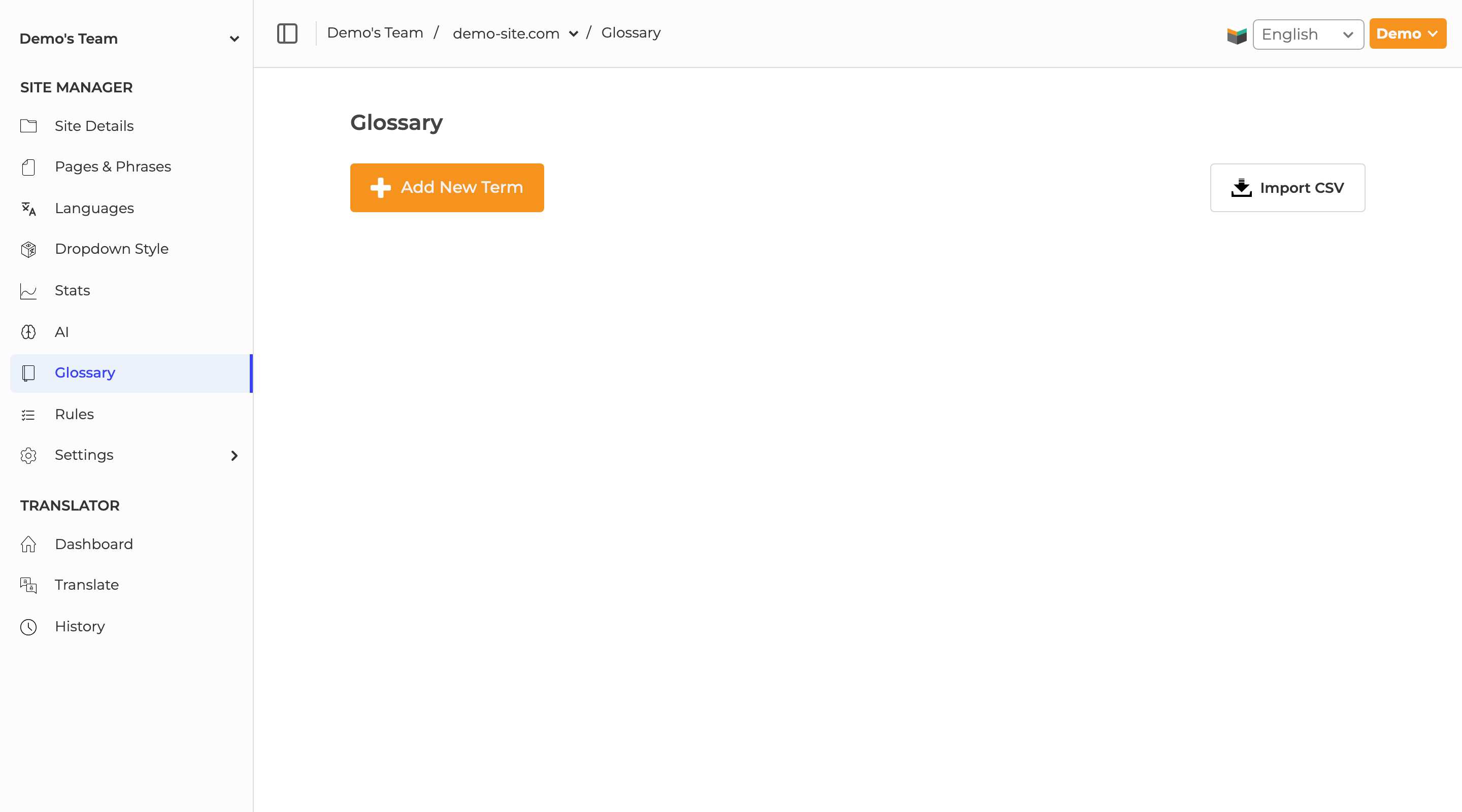 SiteTran Glossary page showing glossary terms and actions for adding or importing terms.