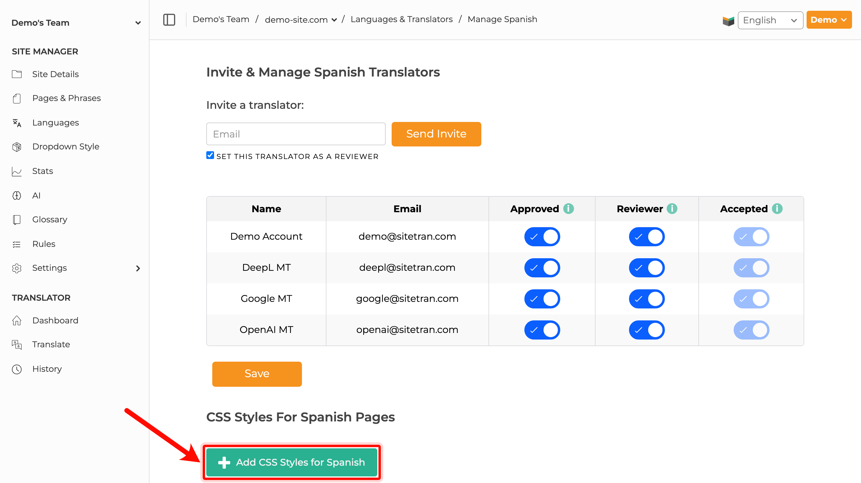 SiteTran language settings page showing the Add CSS Styles button.