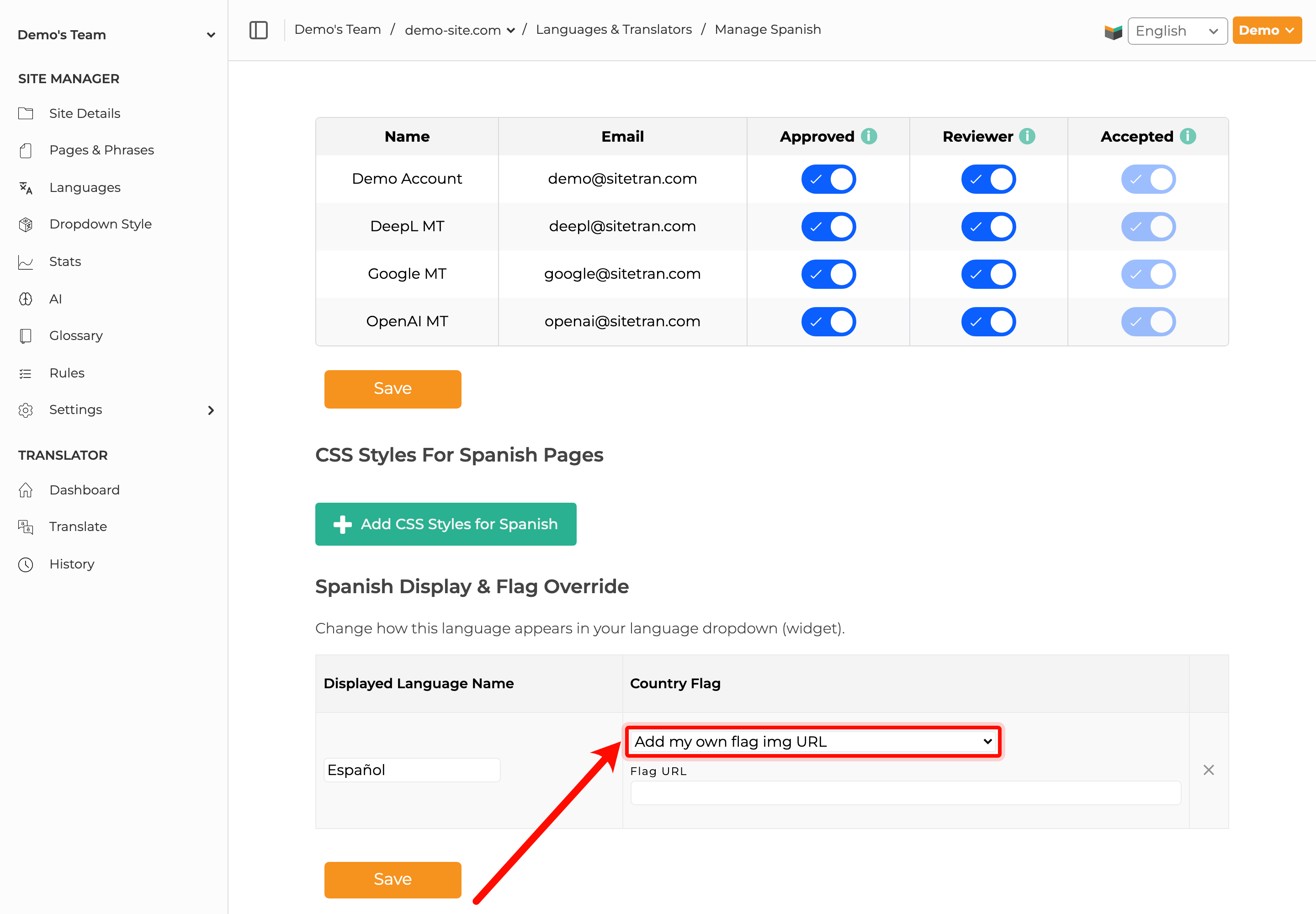 Screenshot of dropdown to select custom language country flag