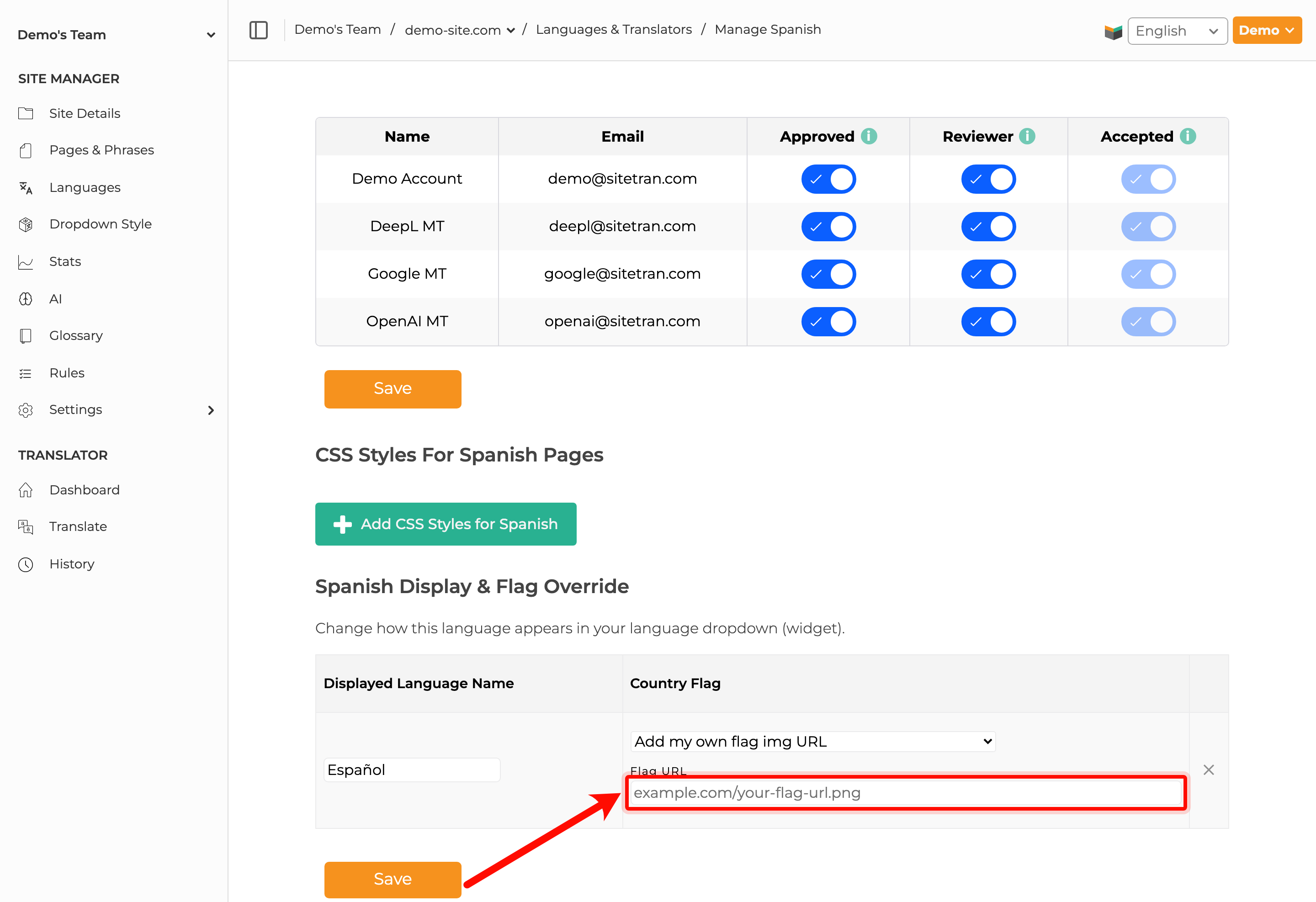 Screenshot of input to add custom language country flag image URL