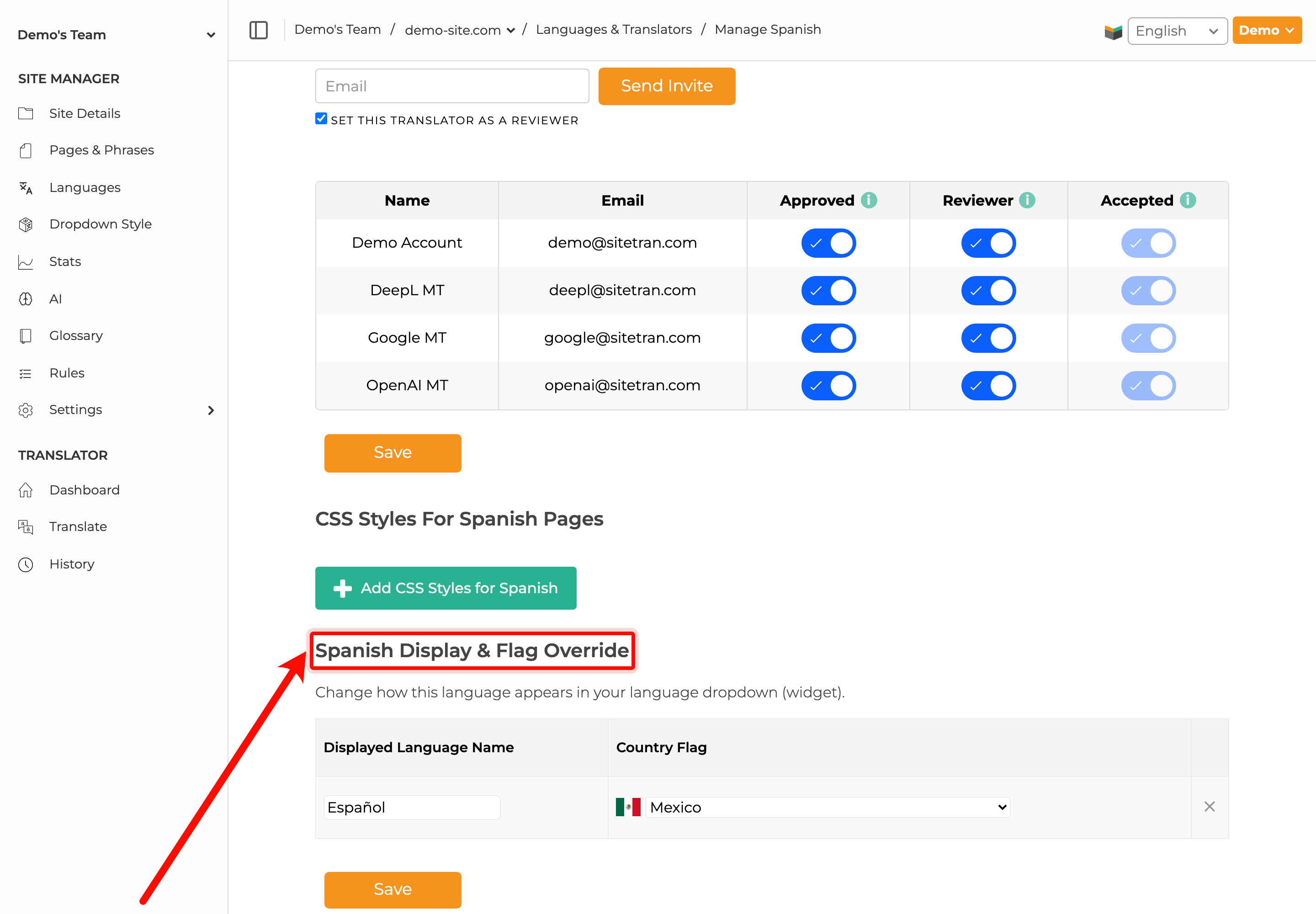 Locate the language override settings button