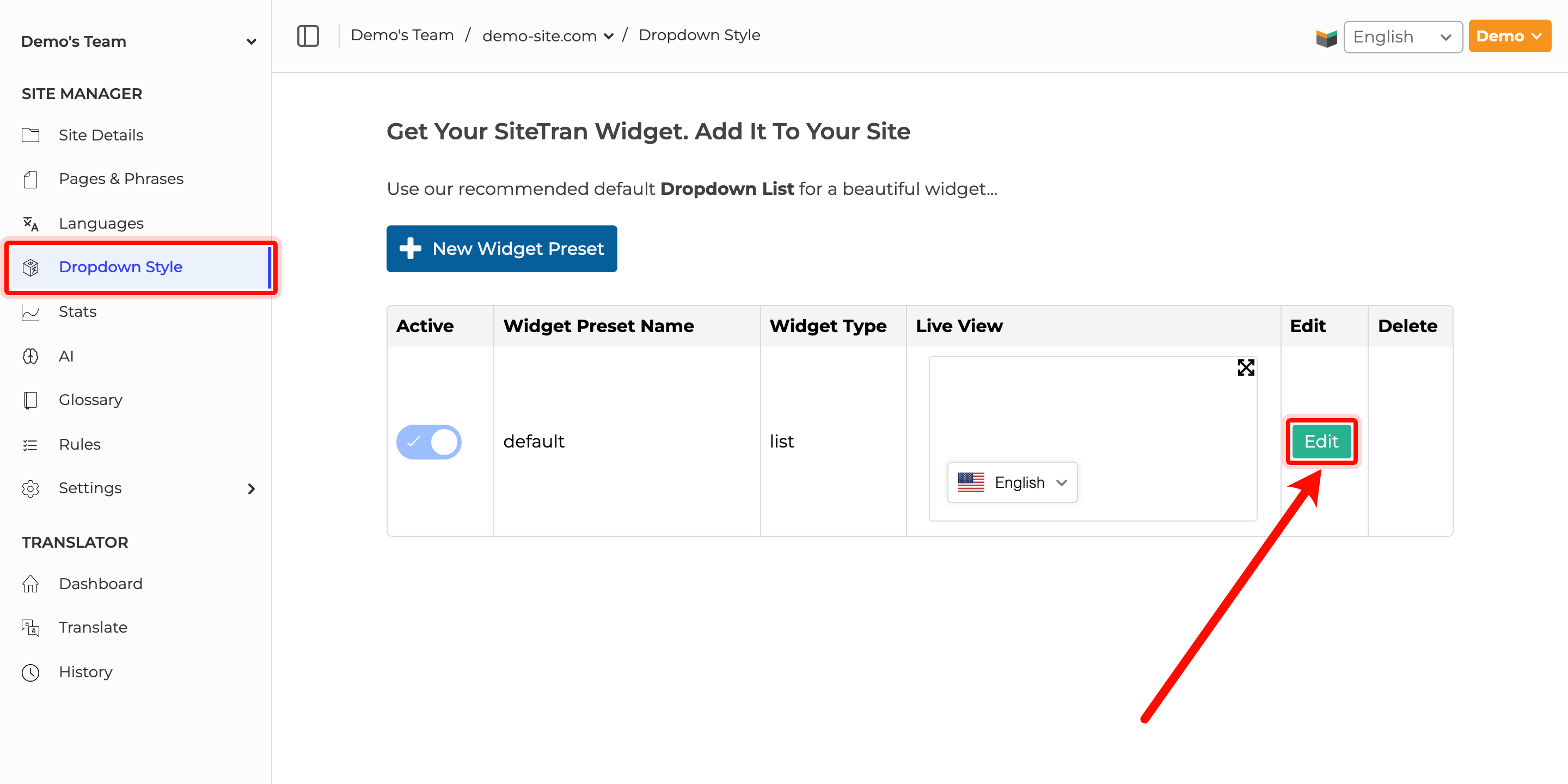 SiteTran Dropdown Style page with Dropdown Style in the sidebar and the Edit button marked.