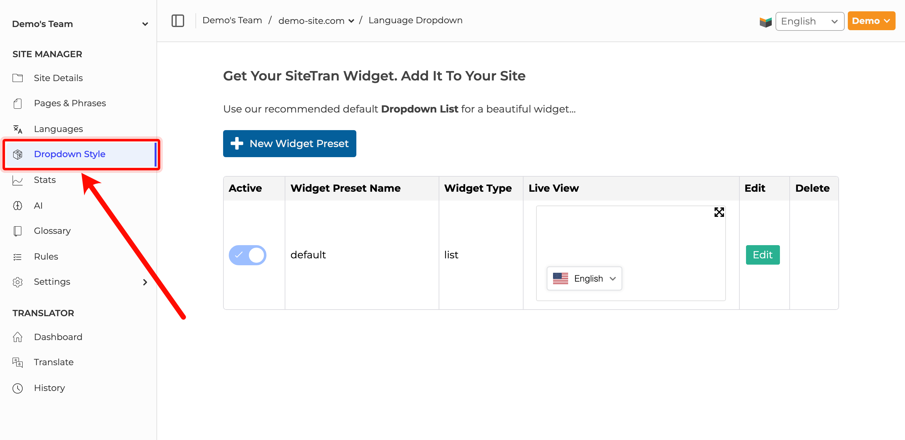 Screenshot of SiteTran Widget page button