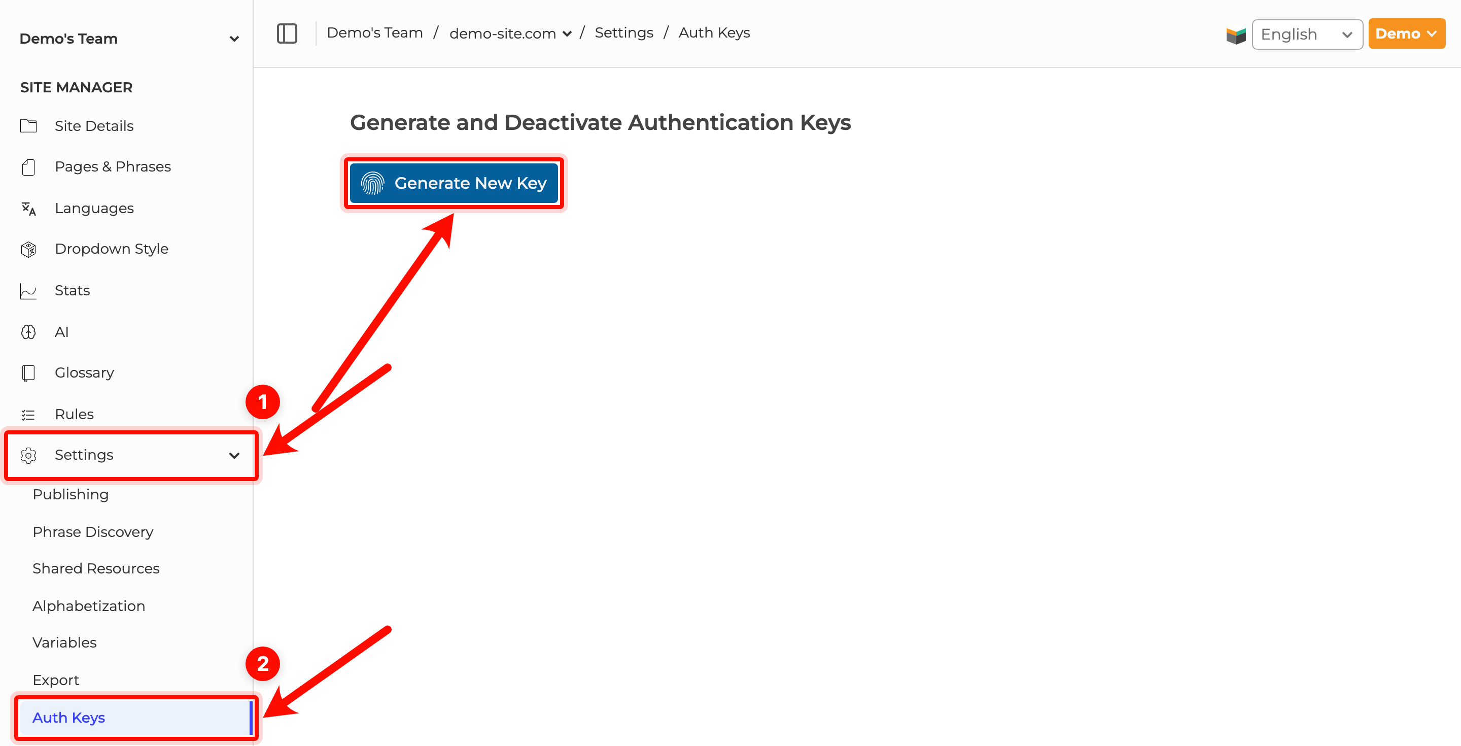 Screenshot of Auth Key page, Generate New Key button