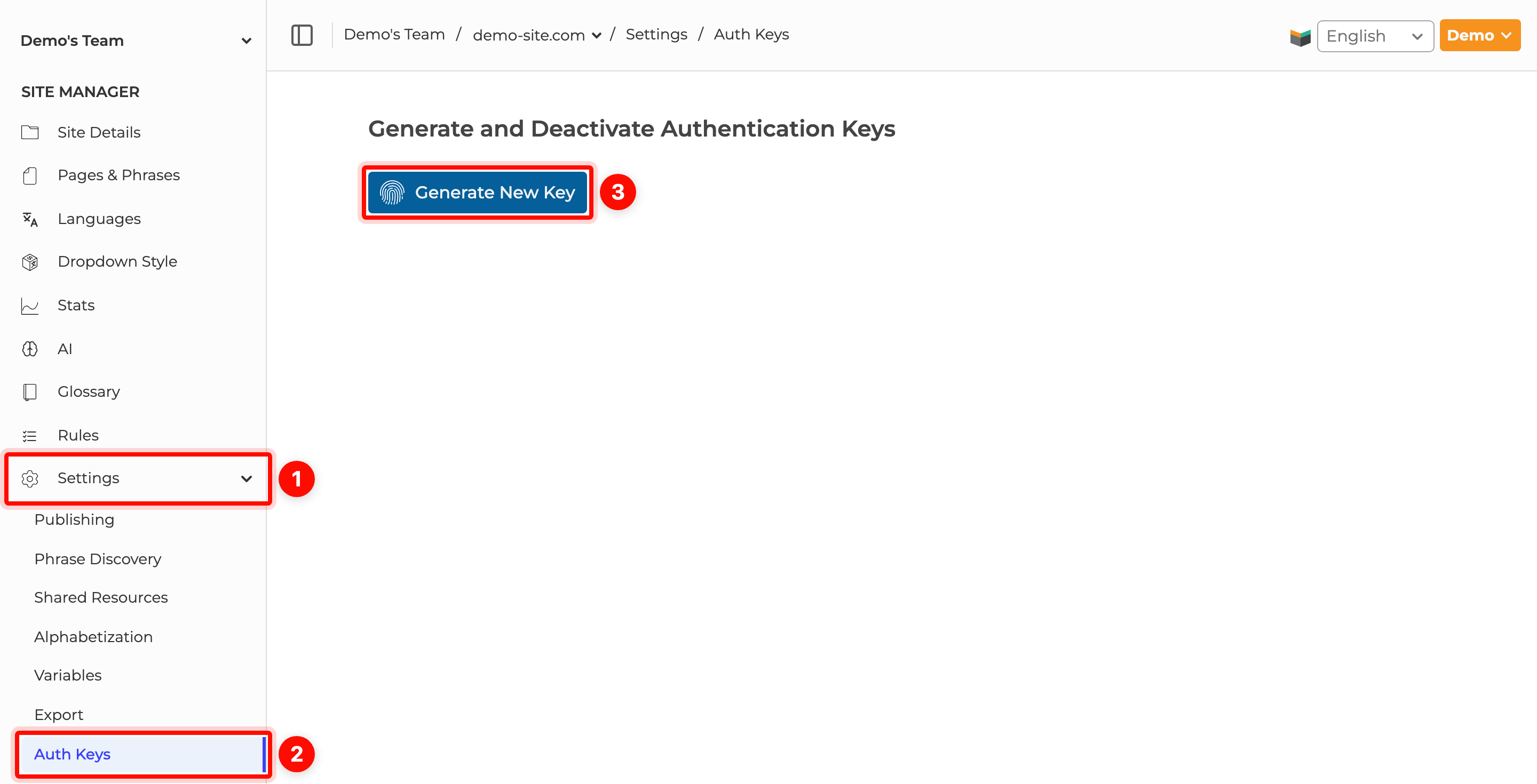 Generate New Key button on the Auth Keys page