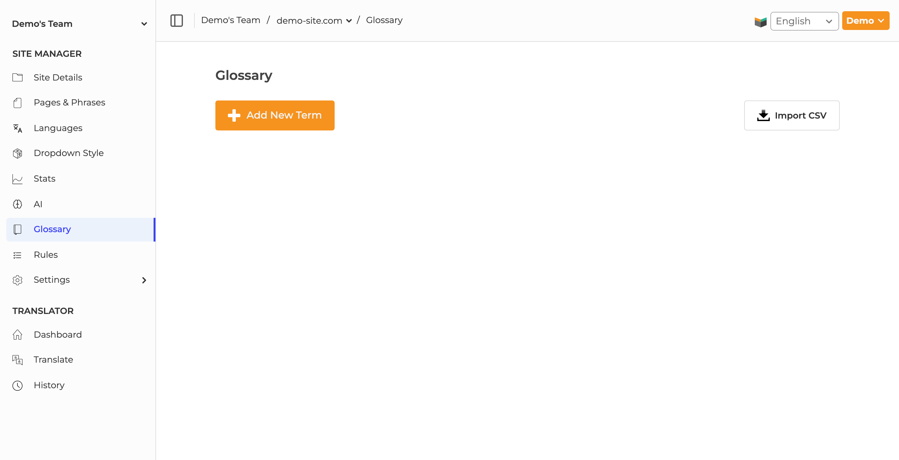 SiteTran Glossary page showing the buttons to add a term manually or import glossary terms.