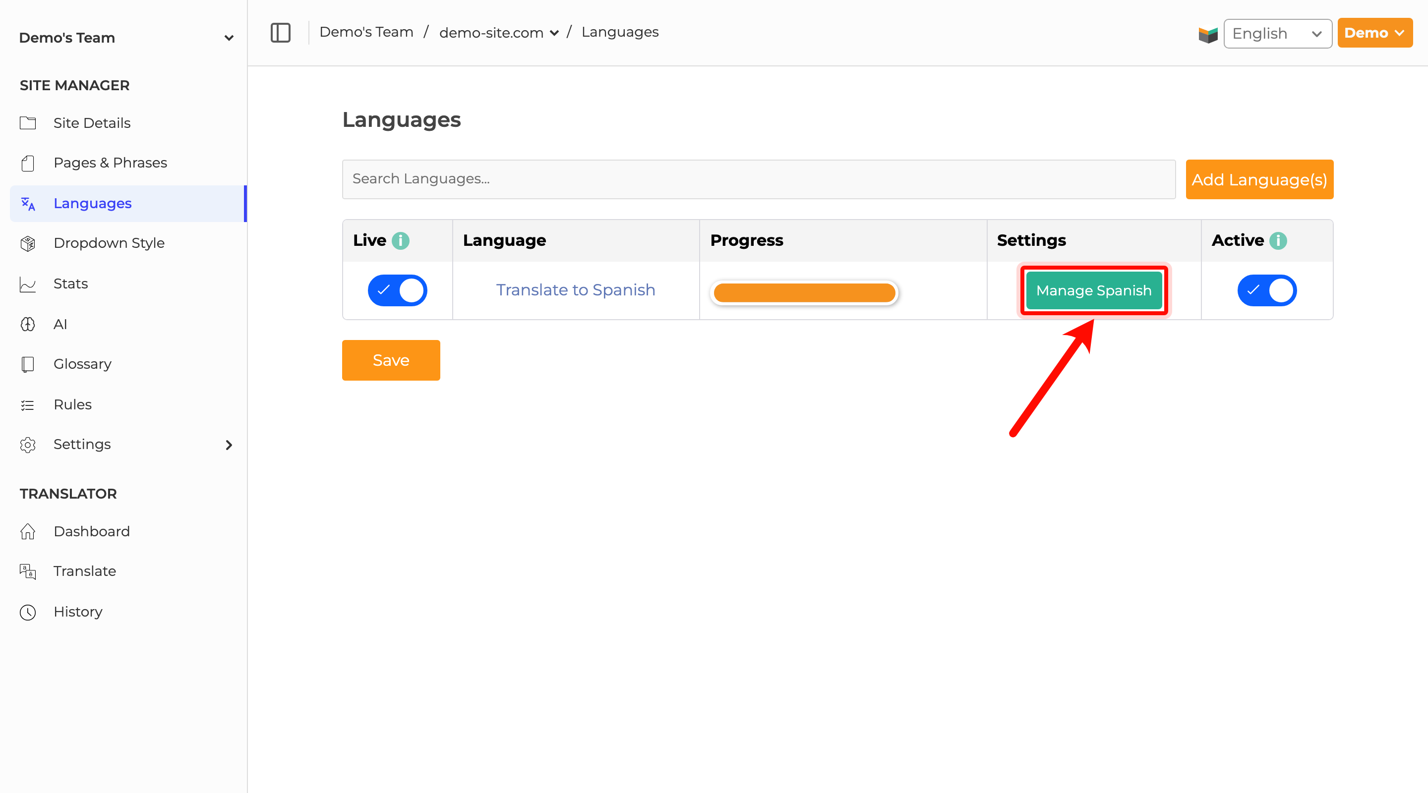 SiteTran Languages page showing the Manage button for a target language.