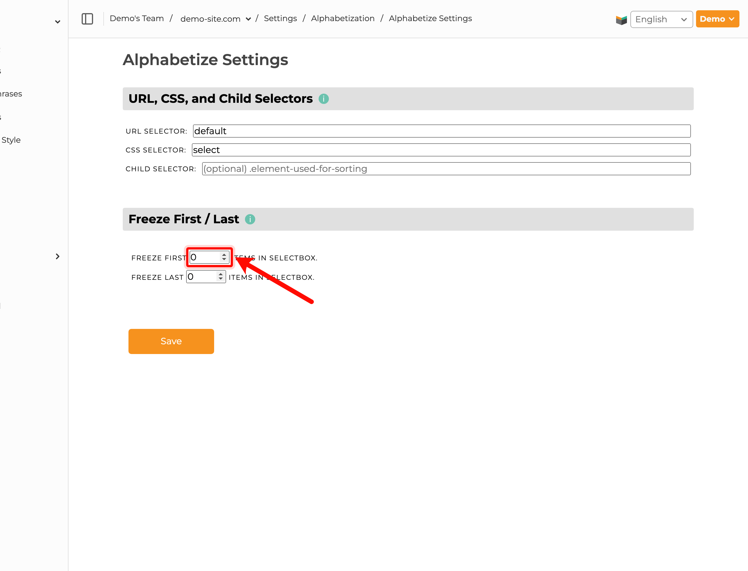 SiteTran Alphabetize Settings page showing Freeze First and Freeze Last controls.