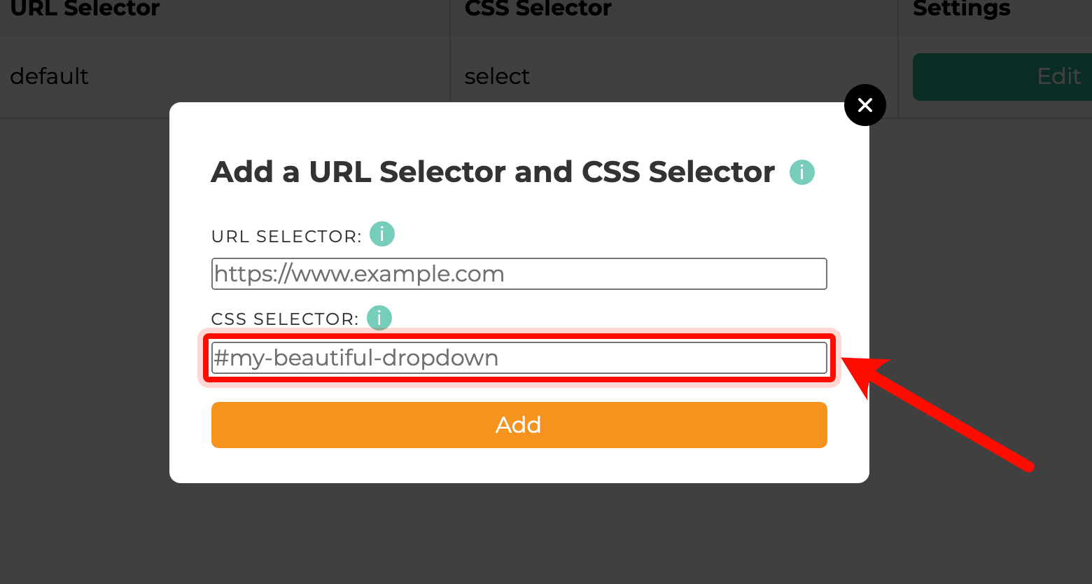 SiteTran dialog for adding a URL selector and CSS selector for alphabetization.