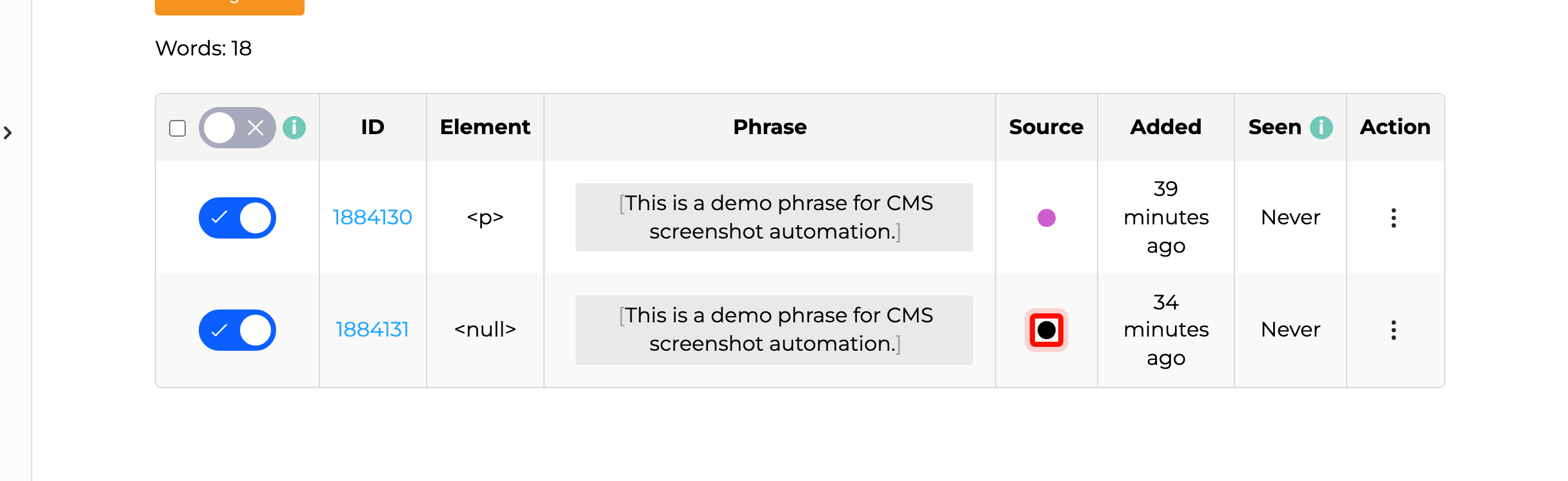 SiteTran Site Phrases table showing a phrase added with alternate translation.