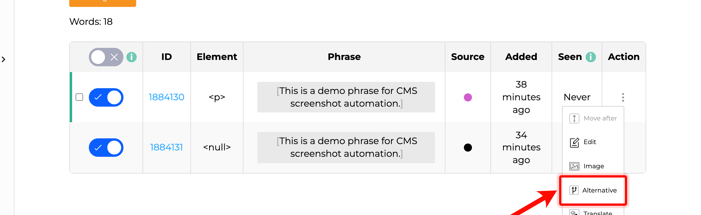 SiteTran phrase action menu open with the Alternative option highlighted.