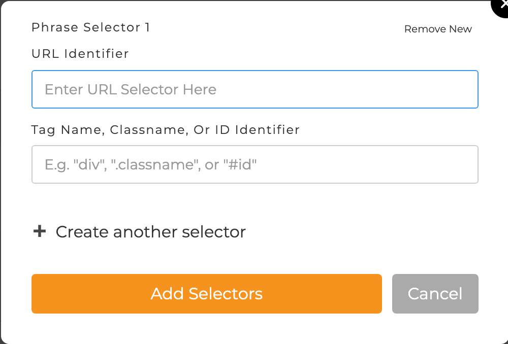 SiteTran Add Selectors modal with URL Identifier and Tag Name, Classname, or ID Identifier fields.