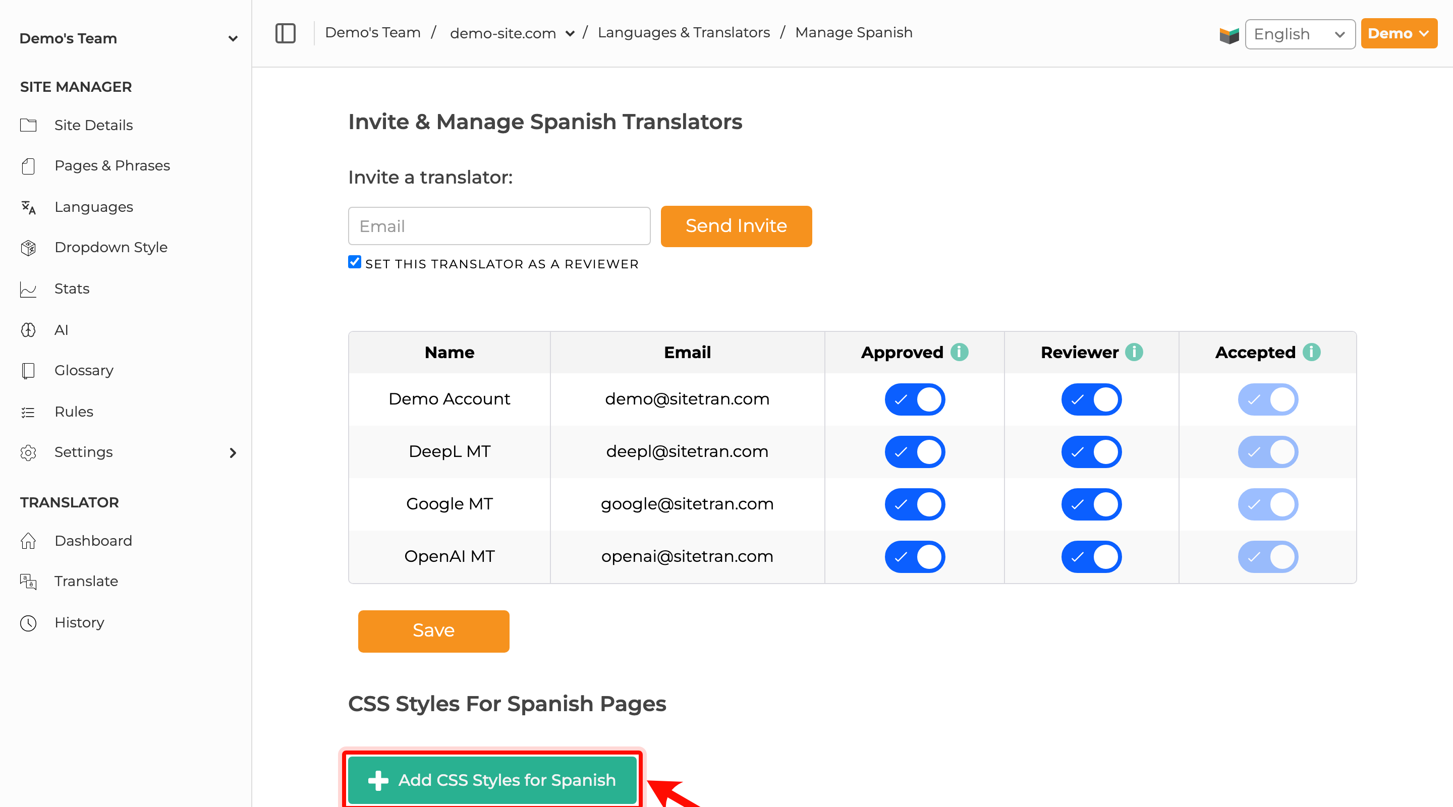 SiteTran language settings page showing the Add CSS Styles button.