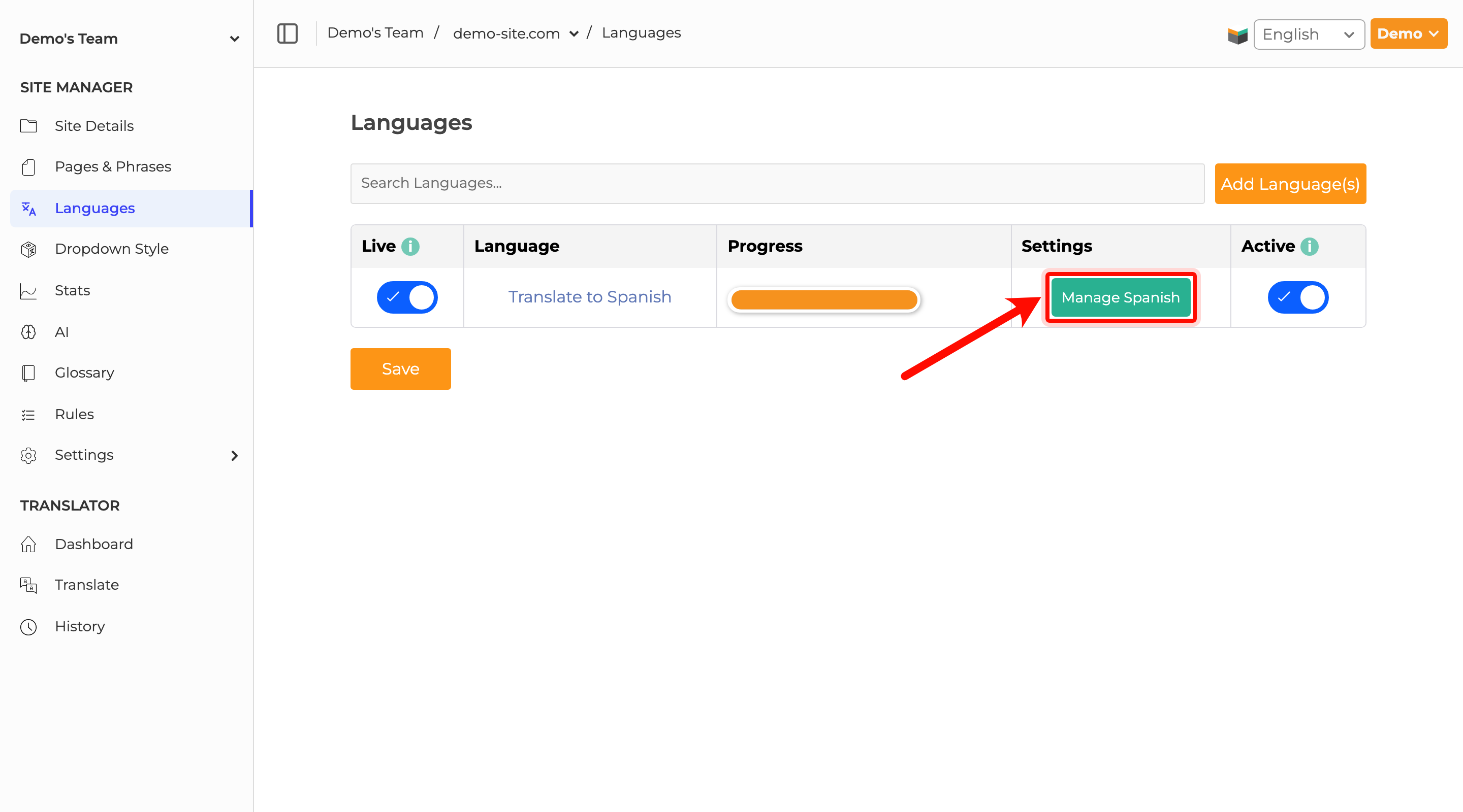 SiteTran Languages page showing the Manage button for a target language.