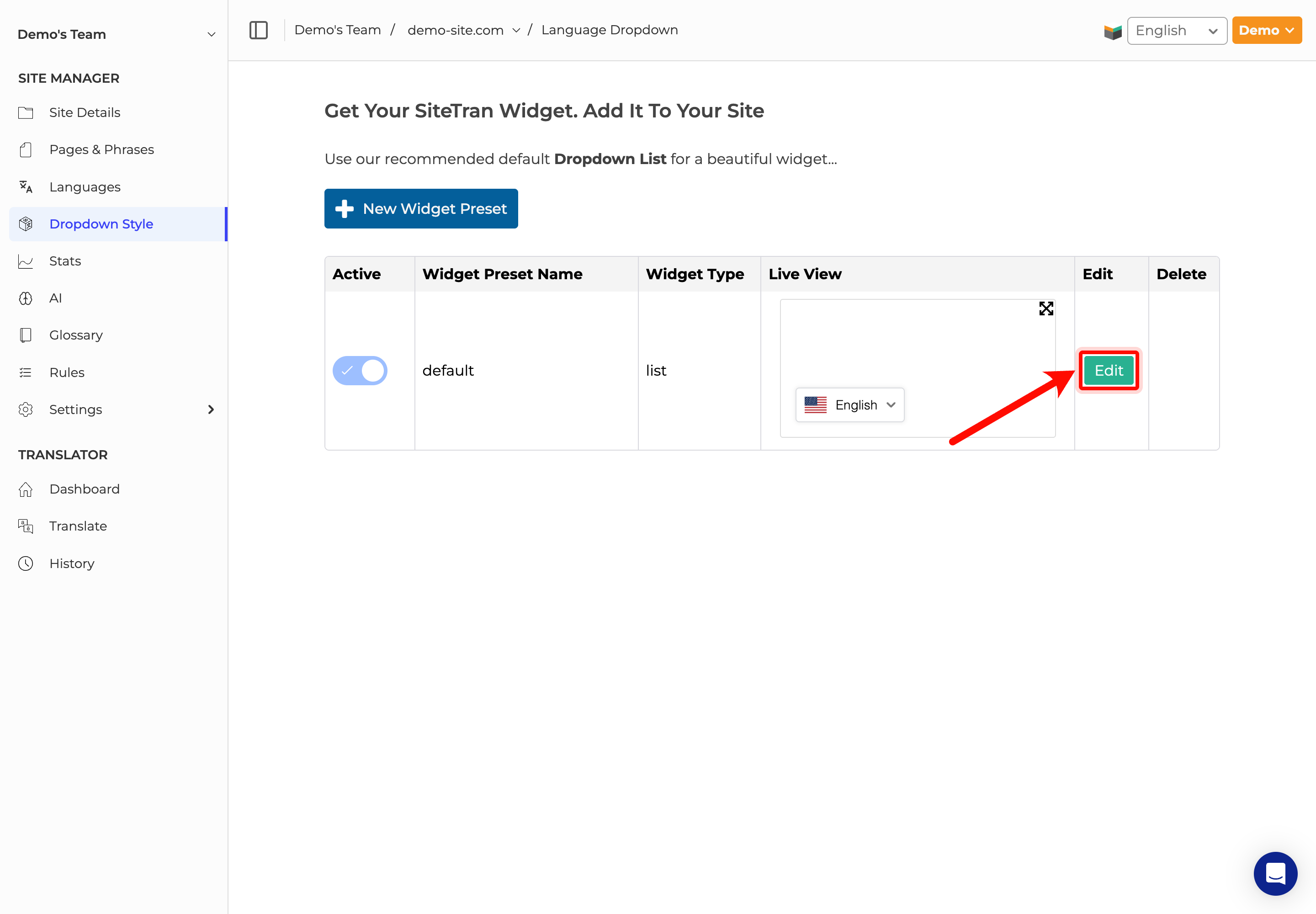 SiteTran Dropdown Style page showing the Edit button for a widget preset.
