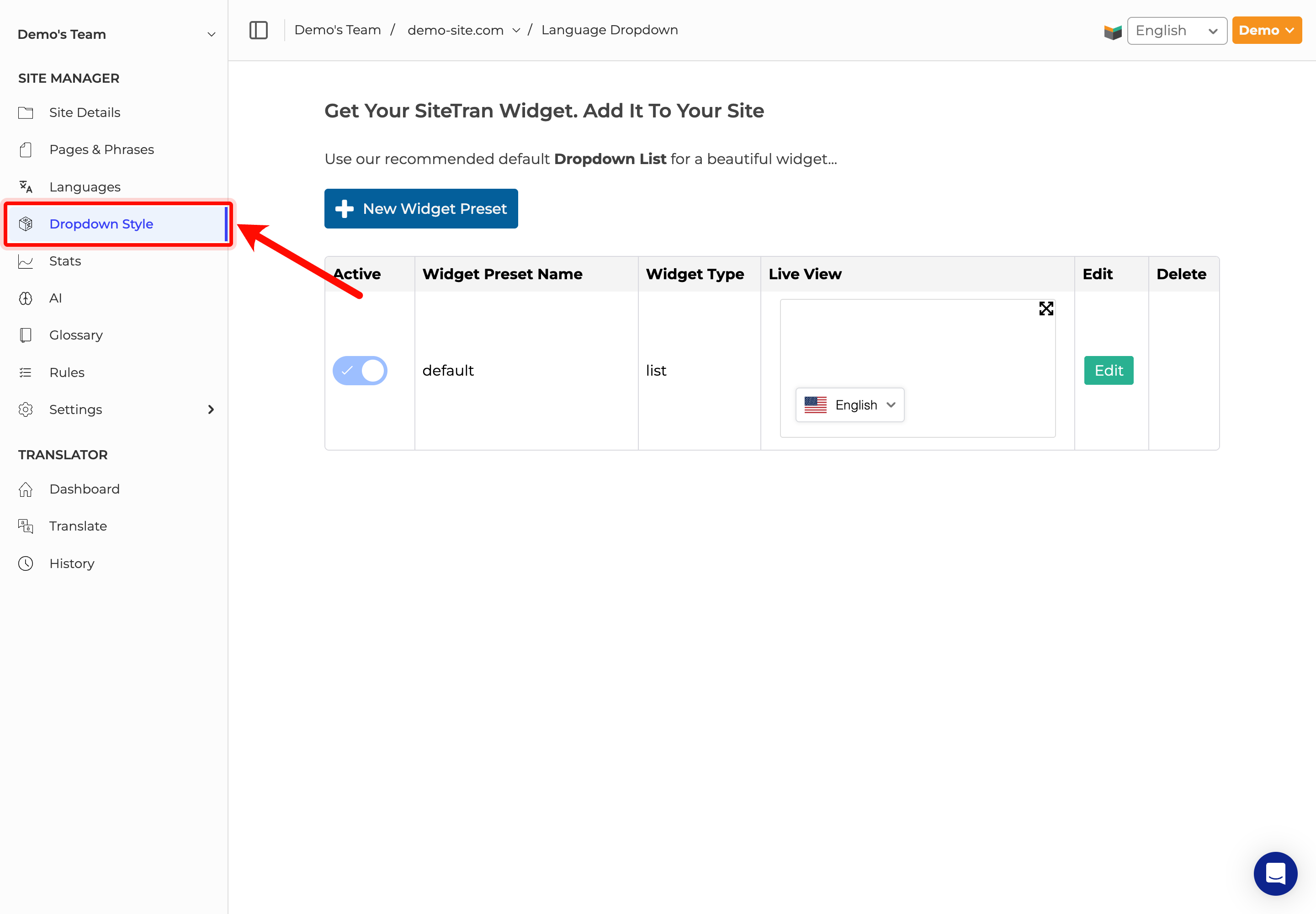 SiteTran Site Manager showing the Dropdown Style page where widget presets are managed.