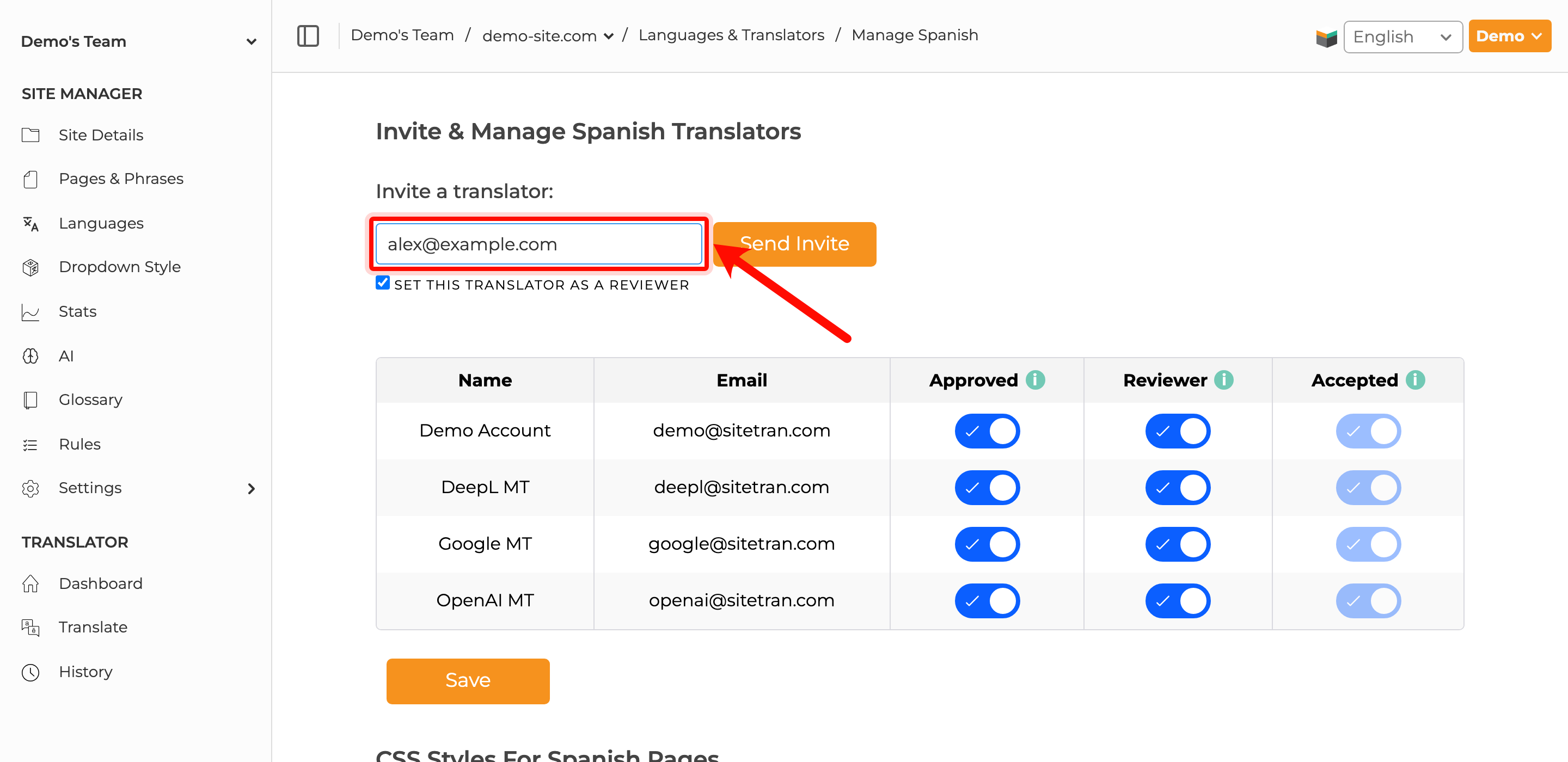 SiteTran language page showing the Invite a translator email field.